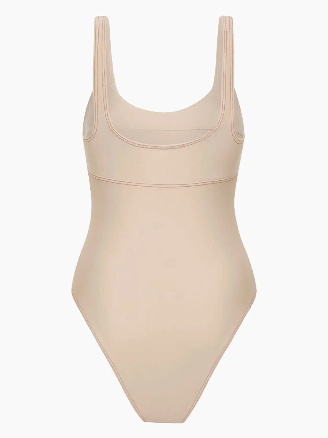 A Beige Contrast One Piece Swimwear with a scoop neckline and wide shoulder straps. The swimsuit features subtle seam detailing under the bust, creating a flattering silhouette. The fabric appears smooth and stretchy, designed for a snug fit. Now available at Bassal Store in Barcelona!
