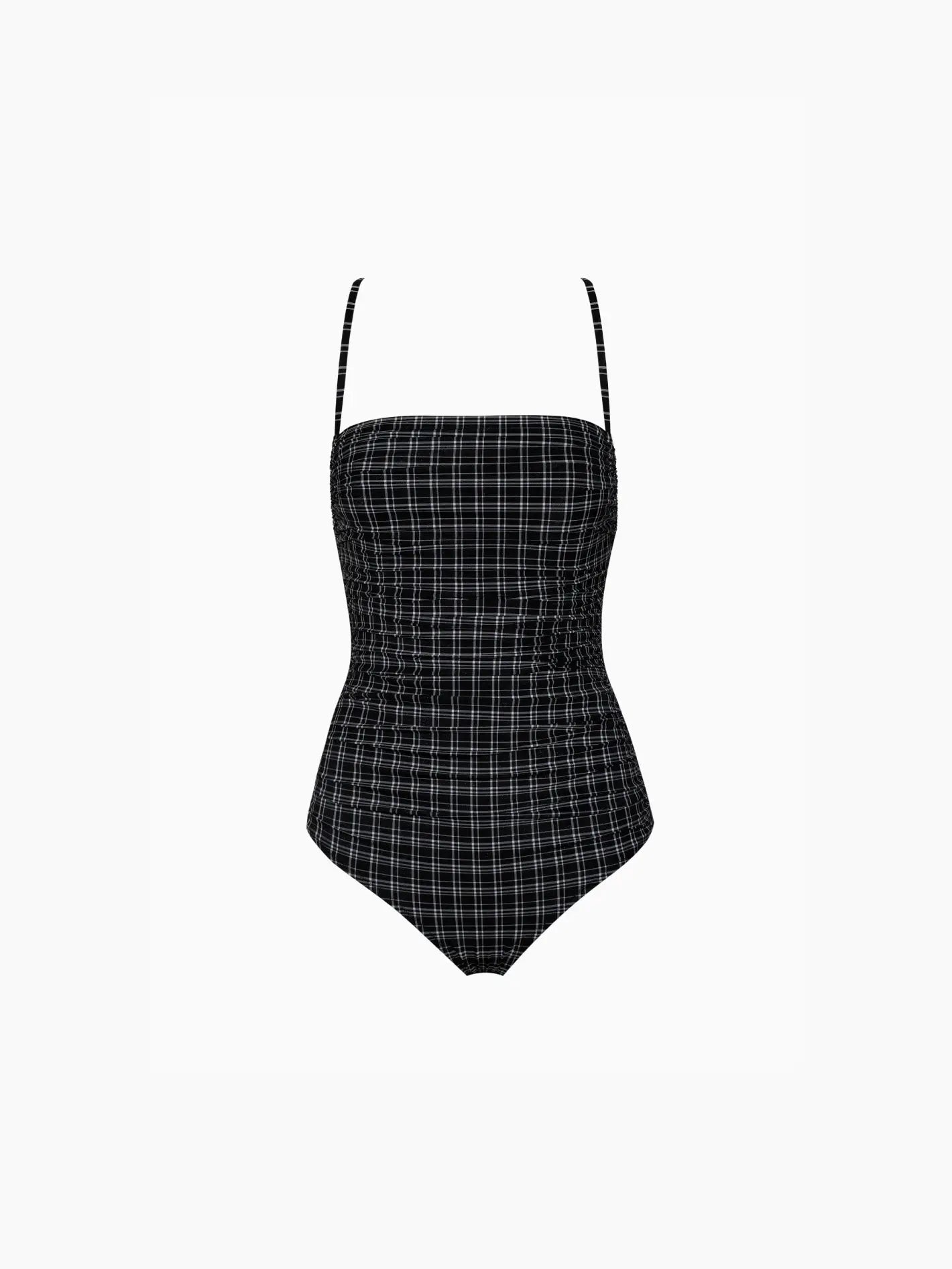 A Birkin Swimwear B&W one-piece swimsuit by Pale with a white plaid pattern, perfect for any beach day in Barcelona. The swimsuit has thin shoulder straps and a square neckline. The fabric appears slightly ruched and form-fitting, ensuring elegance and comfort. Shop this look at bassalstore on a plain white background.