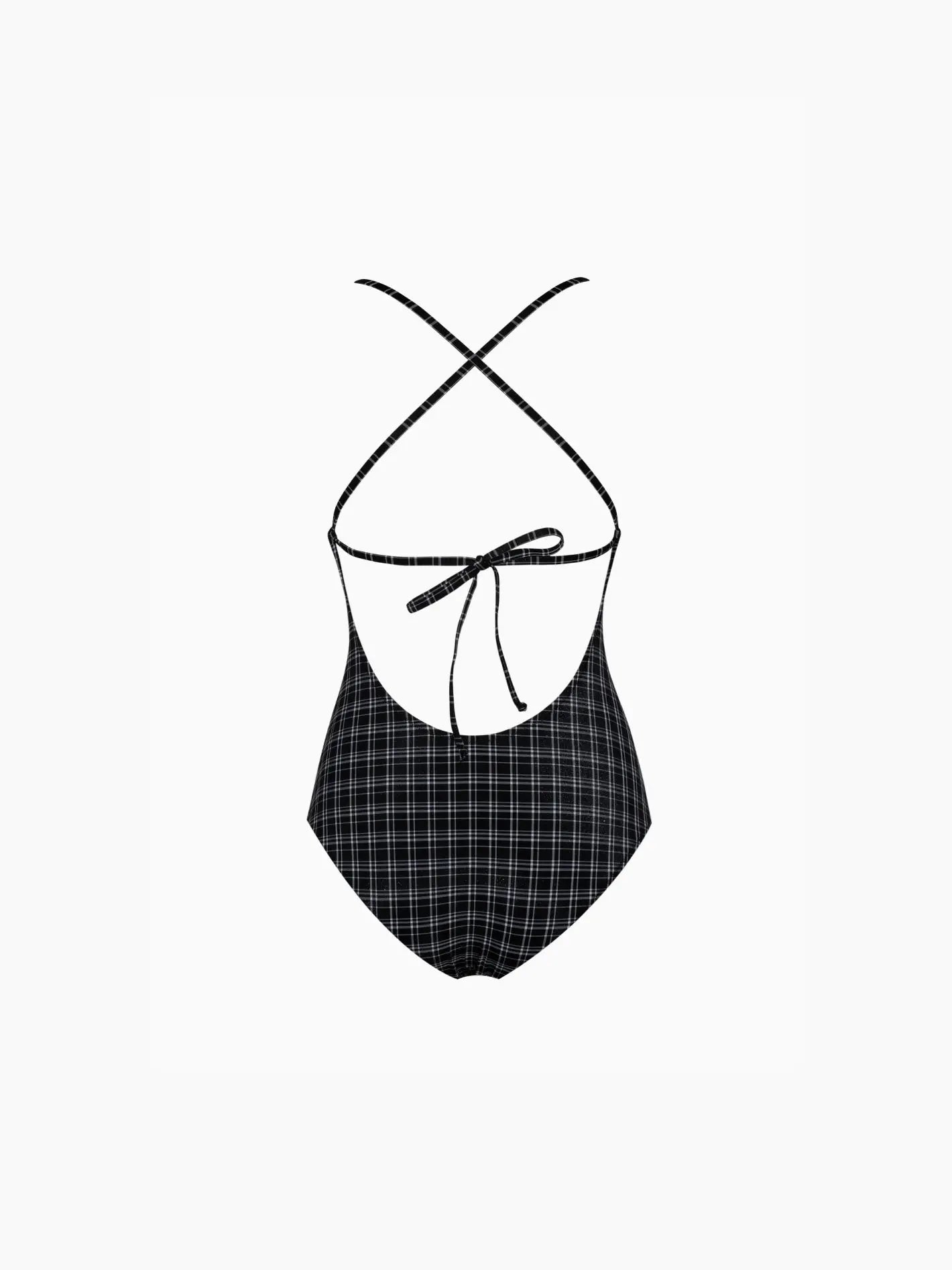 A Birkin Swimwear B&W one-piece swimsuit by Pale with a white plaid pattern, perfect for any beach day in Barcelona. The swimsuit has thin shoulder straps and a square neckline. The fabric appears slightly ruched and form-fitting, ensuring elegance and comfort. Shop this look at bassalstore on a plain white background.