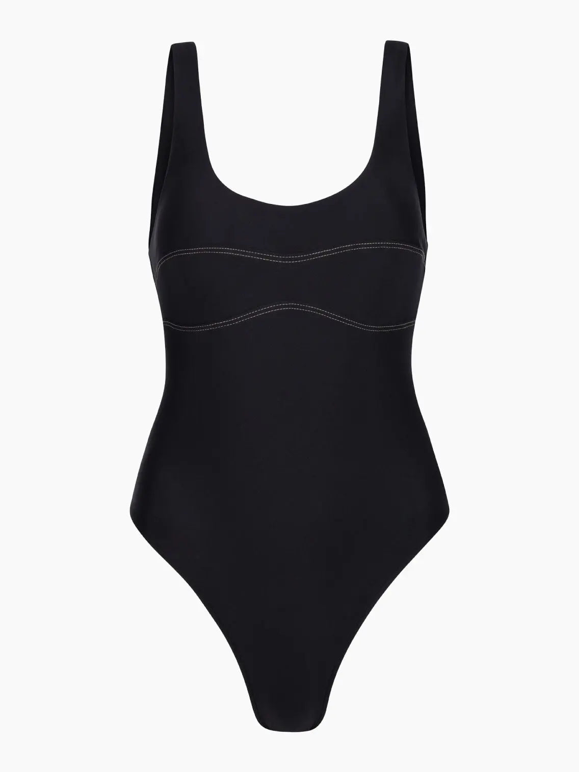 A Black Contrast One Piece Swimwear with wide shoulder straps and a scoop neckline from Innes Lauren in Barcelona. The swimsuit features simple, clean lines and a fitted design, with subtle horizontal stitching detail across the chest area. The fabric appears smooth and stretchy.
