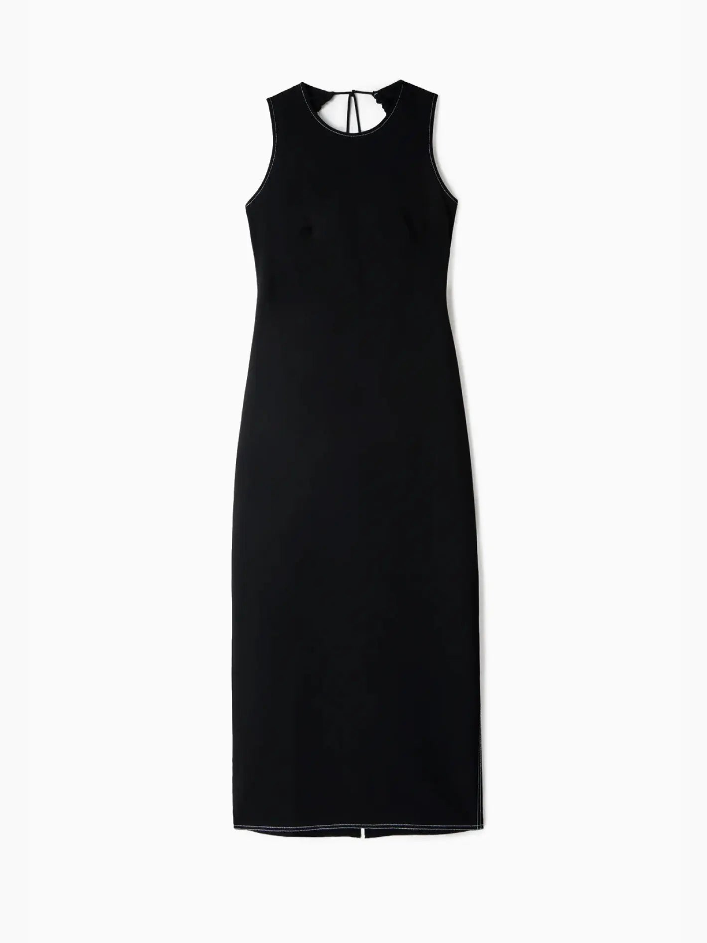 Sleeveless, black midi dress with a fitted silhouette. The Buco Dress Black by Sunnei features a crew neckline and a keyhole back detail, creating a simple yet elegant look. Available at Bassalstore in Barcelona, this timeless piece is presented on a plain white background.