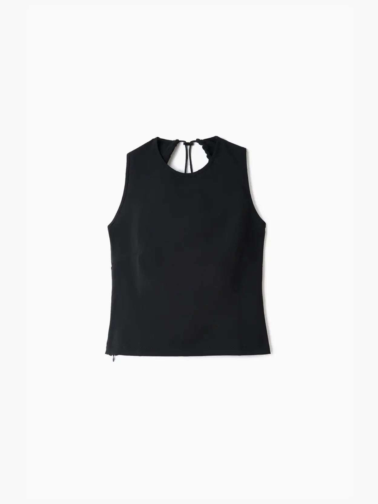 A black sleeveless top with a round neckline and a small back keyhole opening secured by a tie. The Buco Top Black by Sunnei, available at Bassalstore in Barcelona, boasts a simple, minimalist design.