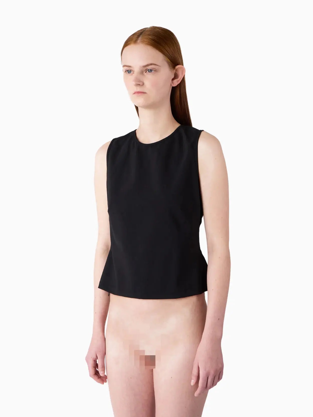 A black sleeveless top with a round neckline and a small back keyhole opening secured by a tie. The Buco Top Black by Sunnei, available at Bassalstore in Barcelona, boasts a simple, minimalist design.