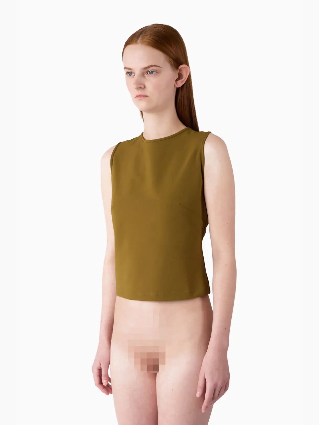A sleeveless, olive green Buco Top Olive Green by Sunnei featuring a high neckline and a unique cut-out design at the back with a tie closure. The smooth, fitted fabric ensures a sleek silhouette. Laid flat on a white background, this chic piece is available exclusively at our Barcelona boutique, BassaLStore.