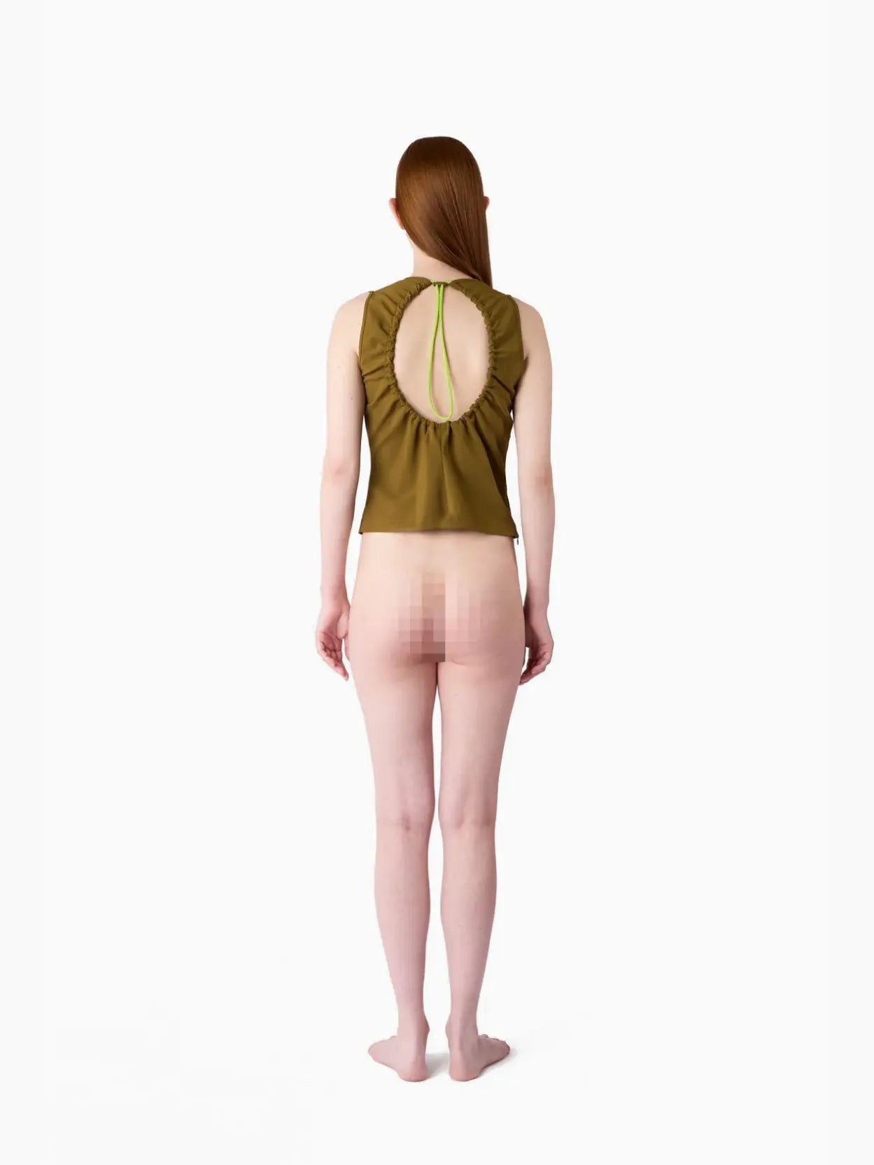 A sleeveless, olive green Buco Top Olive Green by Sunnei featuring a high neckline and a unique cut-out design at the back with a tie closure. The smooth, fitted fabric ensures a sleek silhouette. Laid flat on a white background, this chic piece is available exclusively at our Barcelona boutique, BassaLStore.