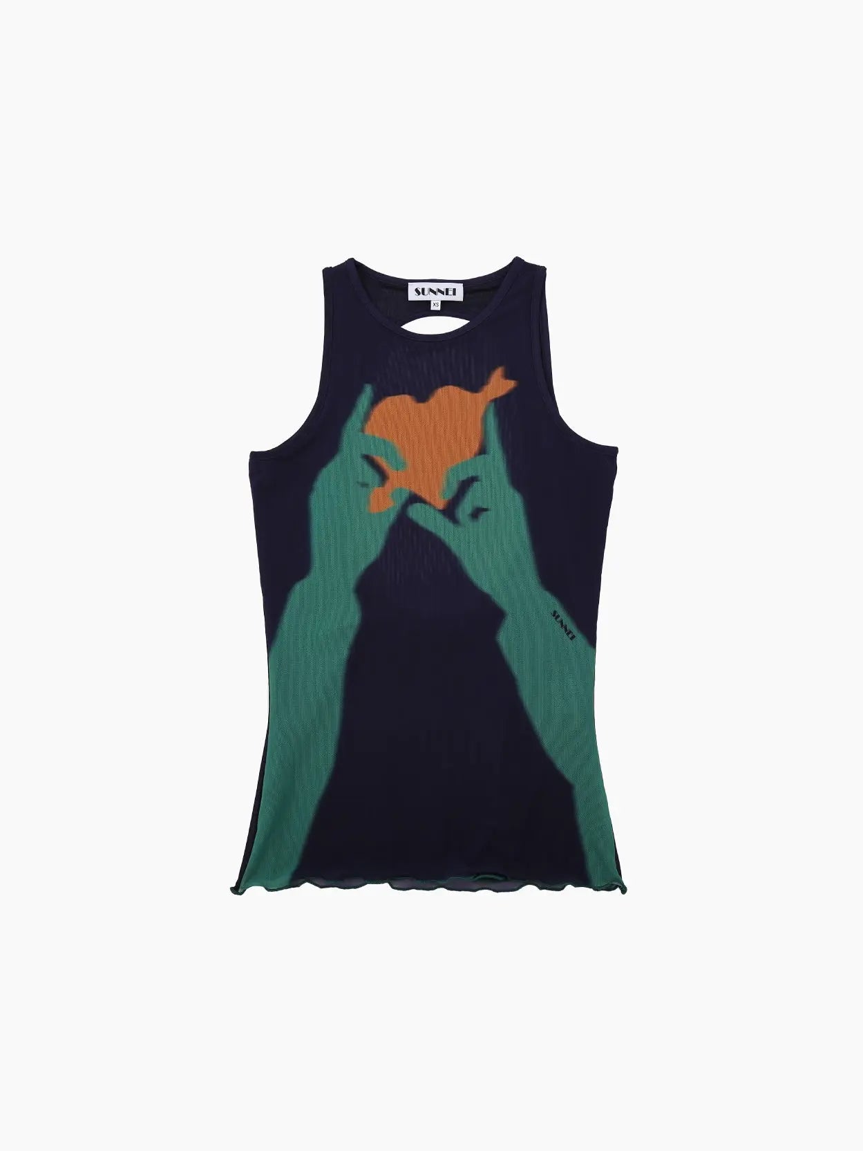 A dark, sleeveless Buco Tulle Top Dark Blue featuring a graphic design of two green hands holding an orange fish. The brand label "Sunnei" is visible at the inside back of the neck. Available exclusively at Bassalstore in Barcelona, the bottom hem is slightly wavy, adding texture to the design.