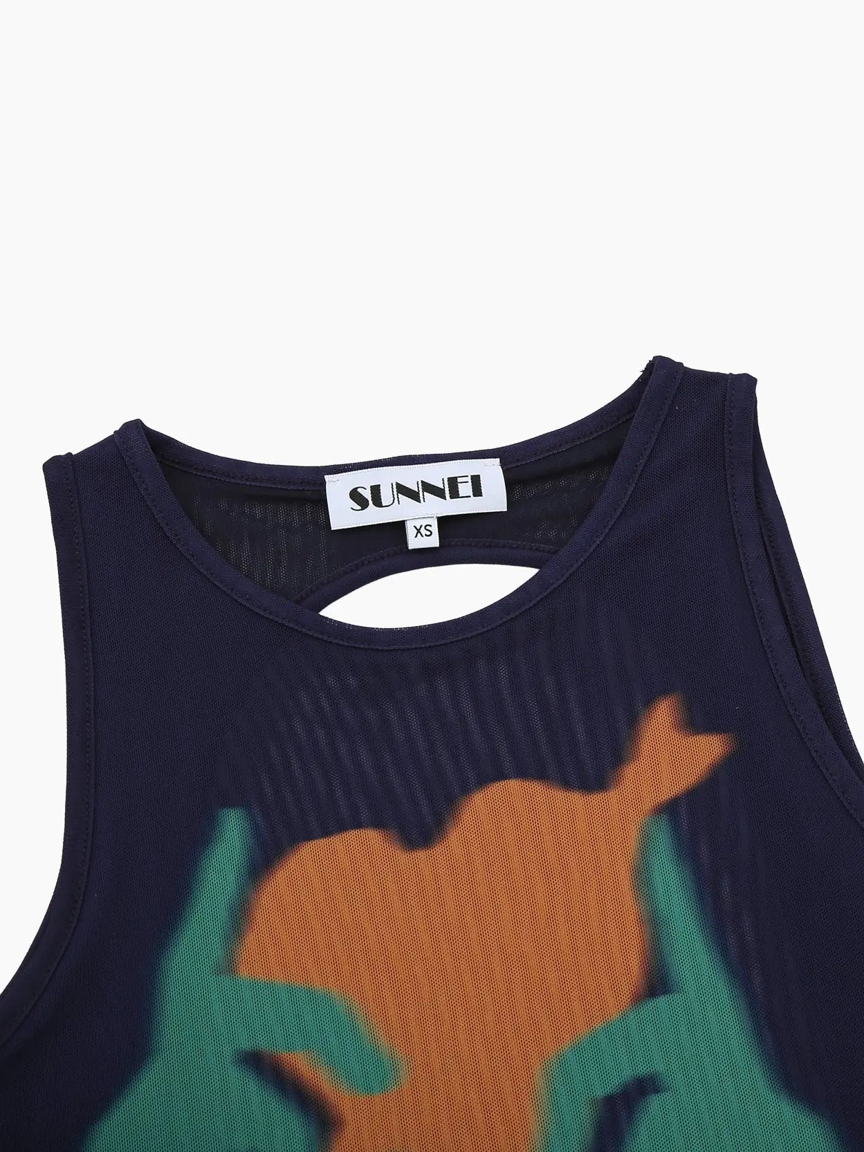 A dark, sleeveless Buco Tulle Top Dark Blue featuring a graphic design of two green hands holding an orange fish. The brand label "Sunnei" is visible at the inside back of the neck. Available exclusively at Bassalstore in Barcelona, the bottom hem is slightly wavy, adding texture to the design.
