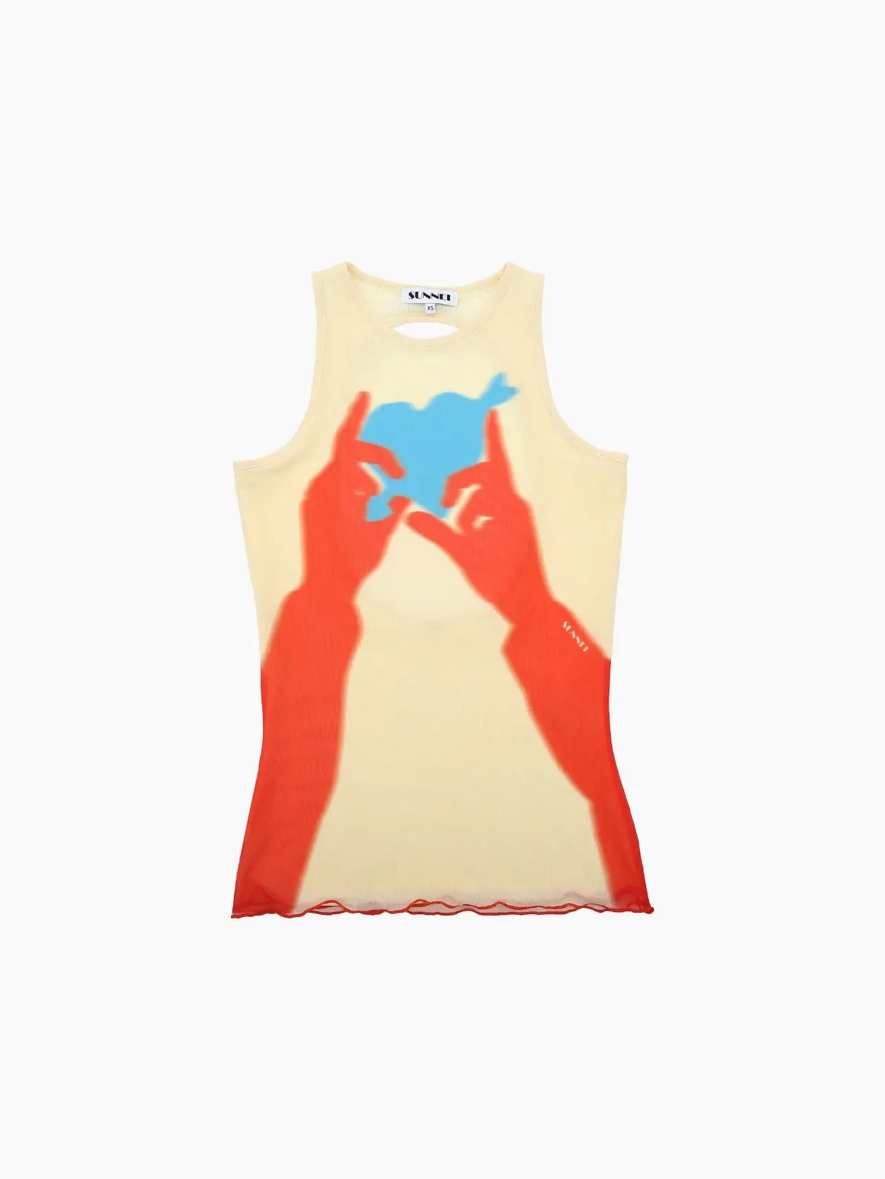 A beige sleeveless top with a printed design of red hands creating a bird shadow puppet, featuring a blue silhouette of the bird in the center. The top has a round neckline and a slightly wavy hem, perfect for adding an artistic touch from Barcelona's Bassal store to your wardrobe. This is the Buco Tulle Top Lye Light Yellow by Sunnei.