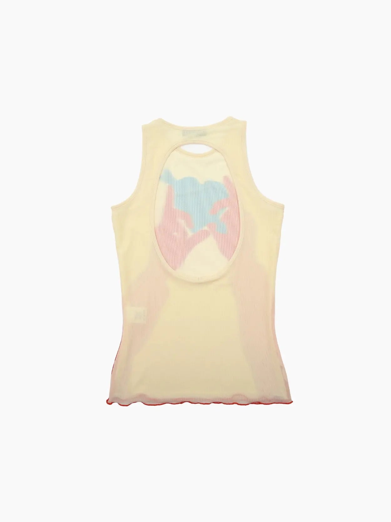 A beige sleeveless top with a printed design of red hands creating a bird shadow puppet, featuring a blue silhouette of the bird in the center. The top has a round neckline and a slightly wavy hem, perfect for adding an artistic touch from Barcelona's Bassal store to your wardrobe. This is the Buco Tulle Top Lye Light Yellow by Sunnei.