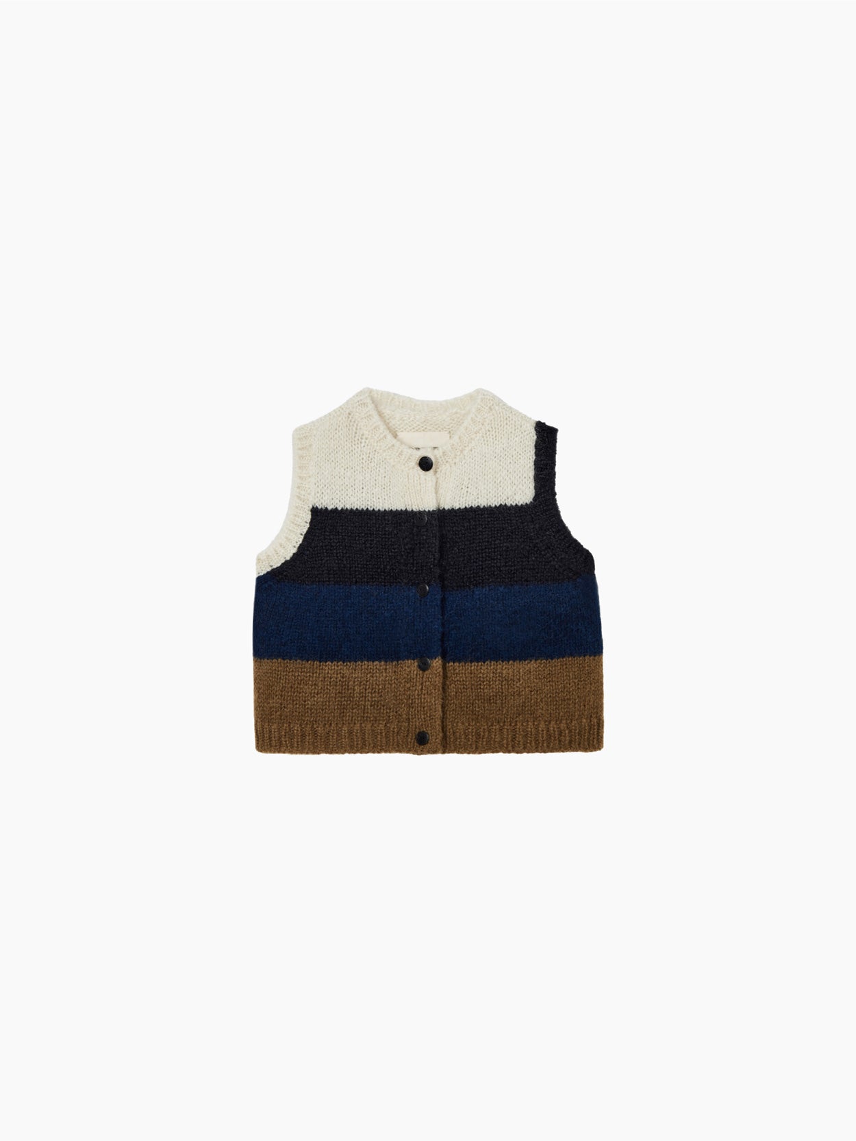 Introducing the Cordera Alpaca & Mohair Striped Waistcoat: a stylish sleeveless knitted piece adorned with horizontal stripes in cream, navy blue, black, dark blue, and brown. Crafted from luxuriously soft mohair and alpaca, it boasts a round neckline and front button closure.