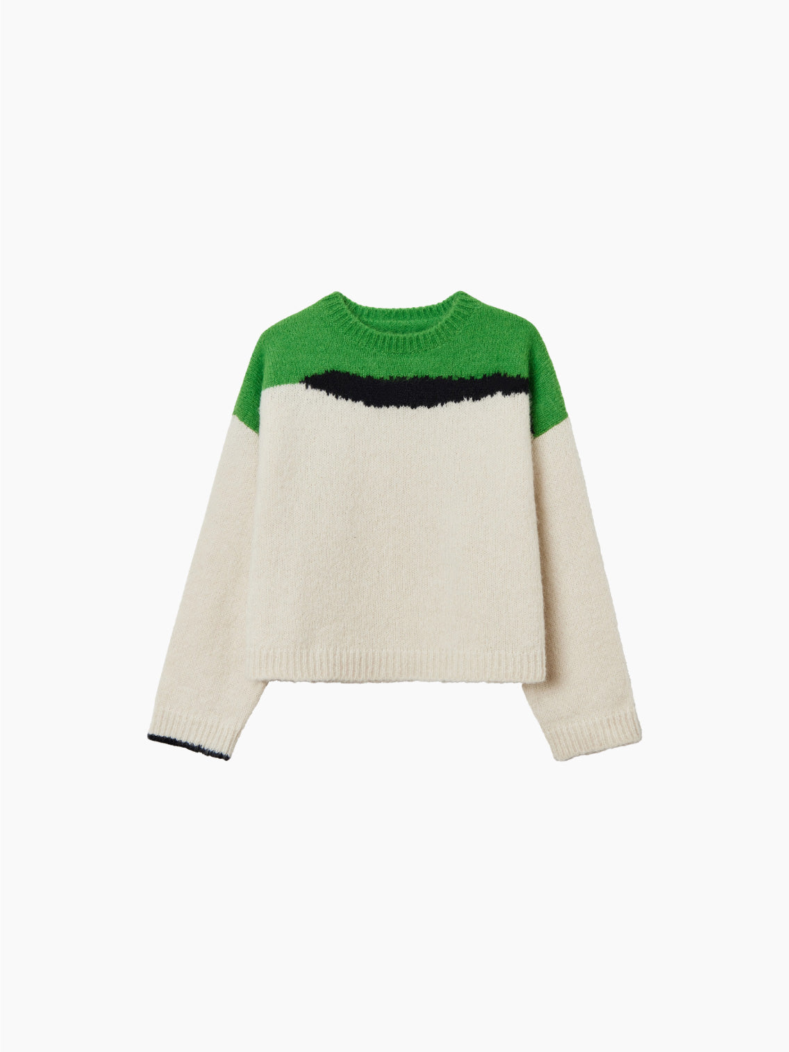 The Cordera Alpaca & Suri Sweater Bright Green is showcased against a plain backdrop, featuring a long-sleeve design with a loose, relaxed fit. The top portion of the sweater is bright green with a striking black stripe, while the remainder is cream-colored. It boasts a ribbed round neckline, cuffs, and hem. This beautiful piece is made in Spain.