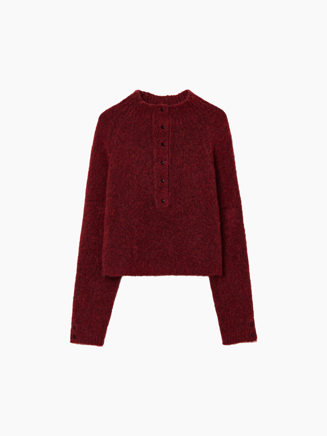 The Baby Alpaca Polo Sweater Dhalia by Cordera is a red, long-sleeve knit sweater with a round neck and a button-up front. This timeless piece features ribbed cuffs and hem, adding a cozy texture to the garment.