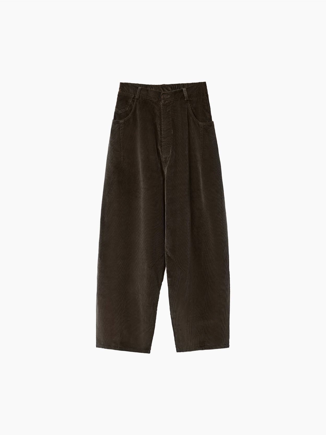 Cordera's Corduroy Baggy Pants Moss are stylishly designed with a high waist, wide legs, and a relaxed fit. These dark brown corduroy pants feature two side pockets, belt loops, and an elasticated waistband for added comfort. The pants are displayed laid flat against a white background.