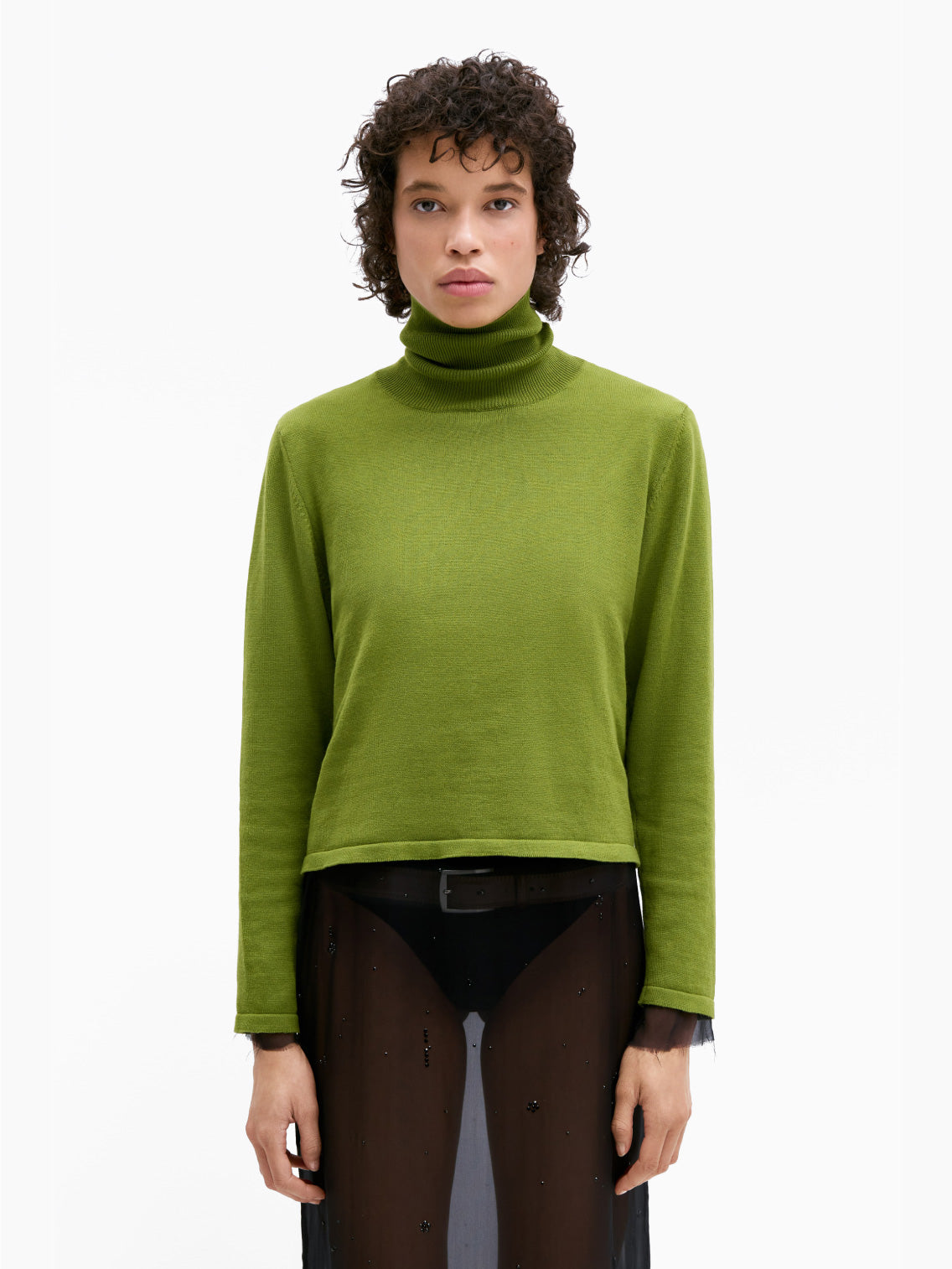 The Cordera Cotton & Cashmere Sweater in Woodbine, showcased against a plain white backdrop, is a green, long-sleeved turtleneck sweater. Crafted from superior materials including cotton and cashmere, this elegant piece features a simple and classic design with a straight cut and no visible embellishments, complemented by a high roll-neck collar for added sophistication.