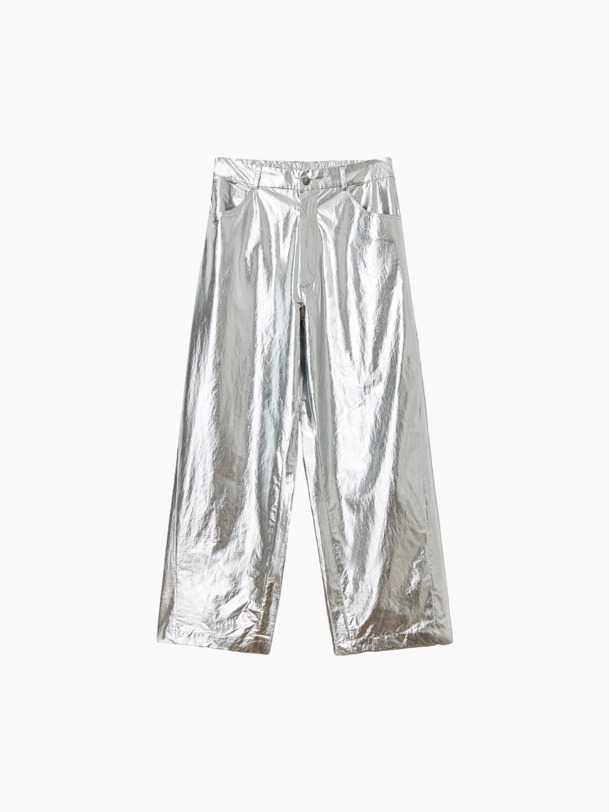 The Cotton & Silk Pants Silver by Cordera are a pair of metallic silver, superlight wide-leg pants featuring a high waist, front button and zipper closure, and side pockets. The fabric boasts a shiny, reflective finish. These cotton and silk blend pants are displayed flat against a plain white background.