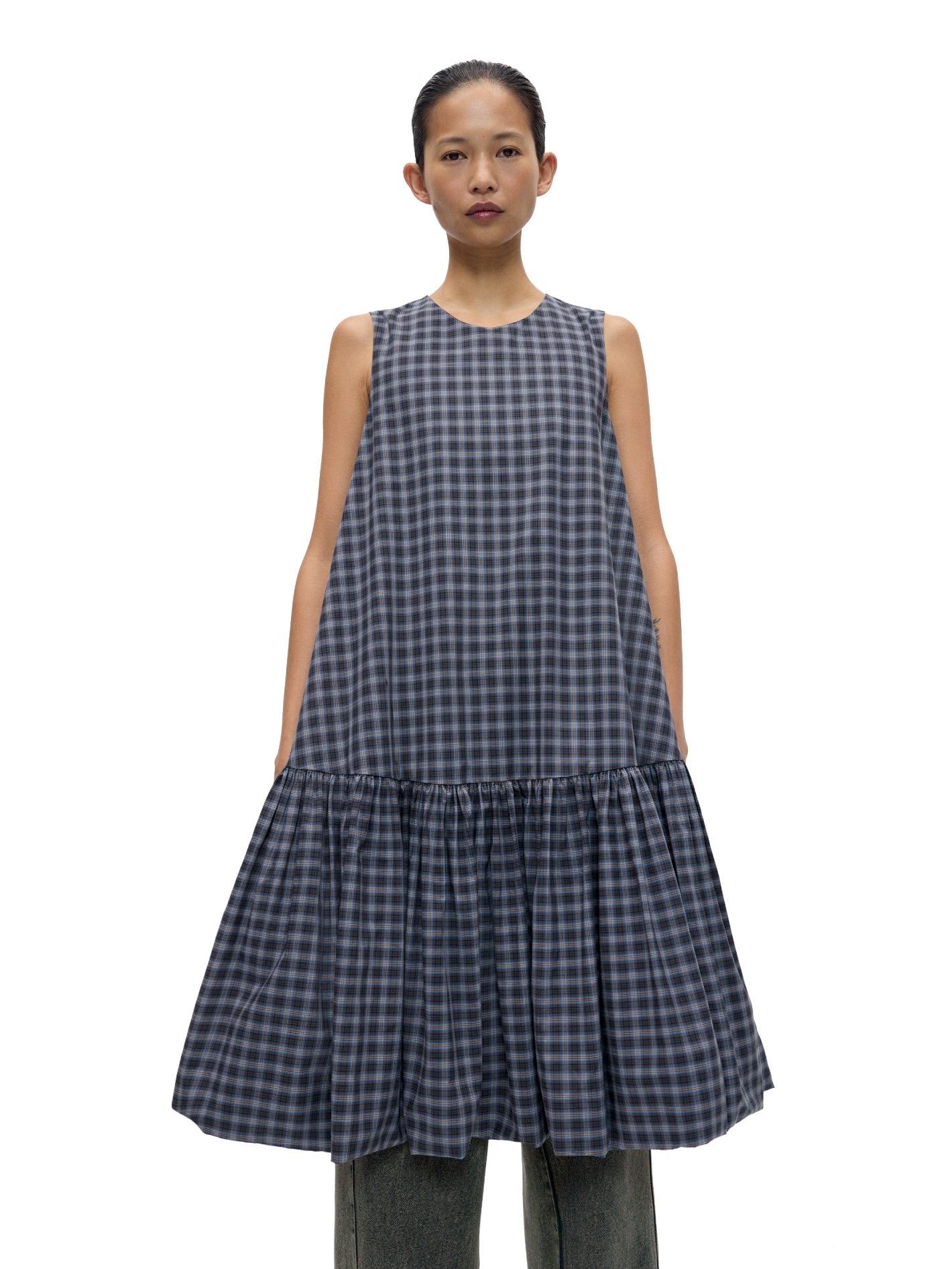 Checked Balloon Dress Navy Orange