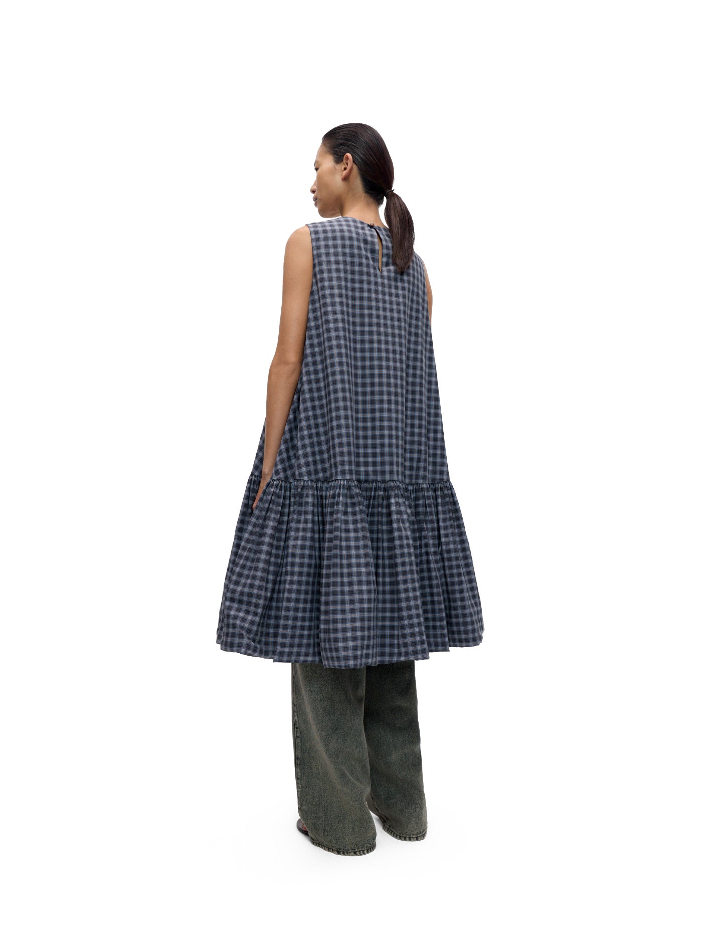 Checked Balloon Dress Navy Orange