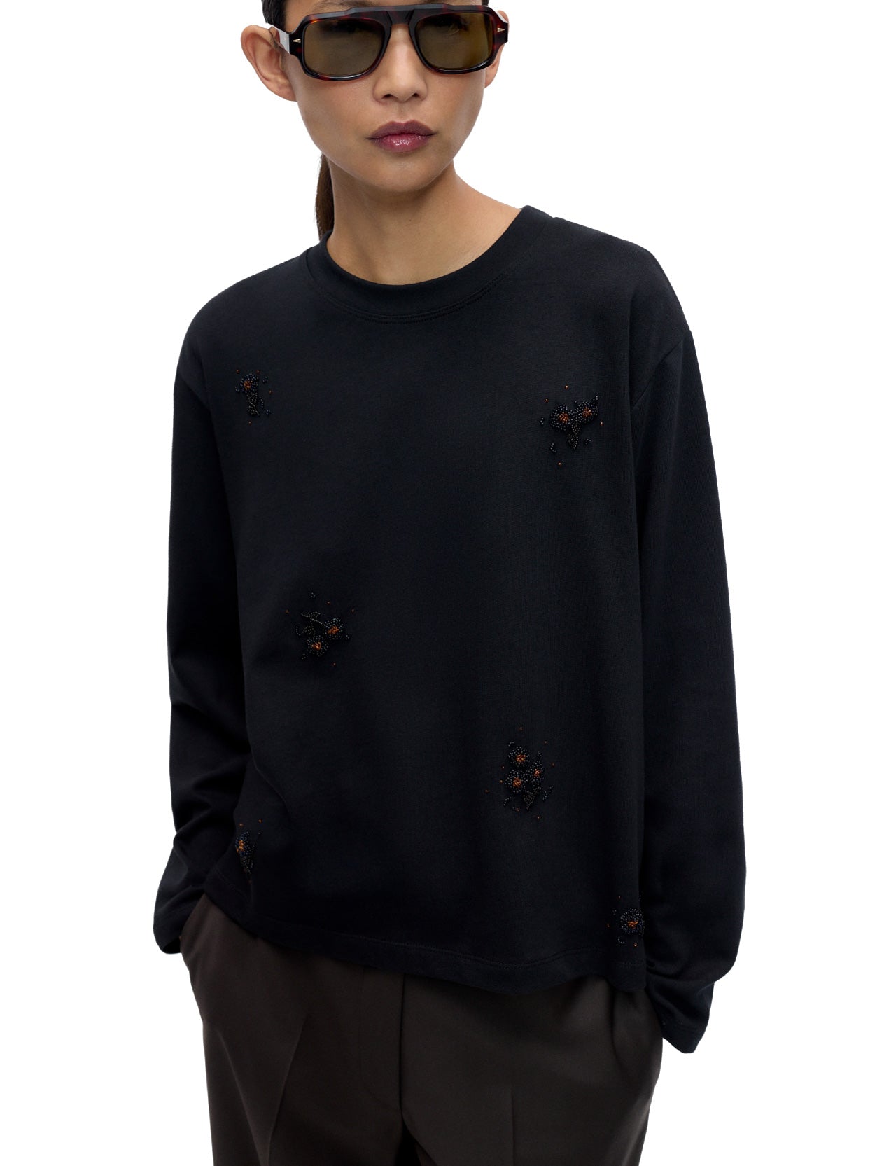 Embellished Long-Sleeve Tee Black