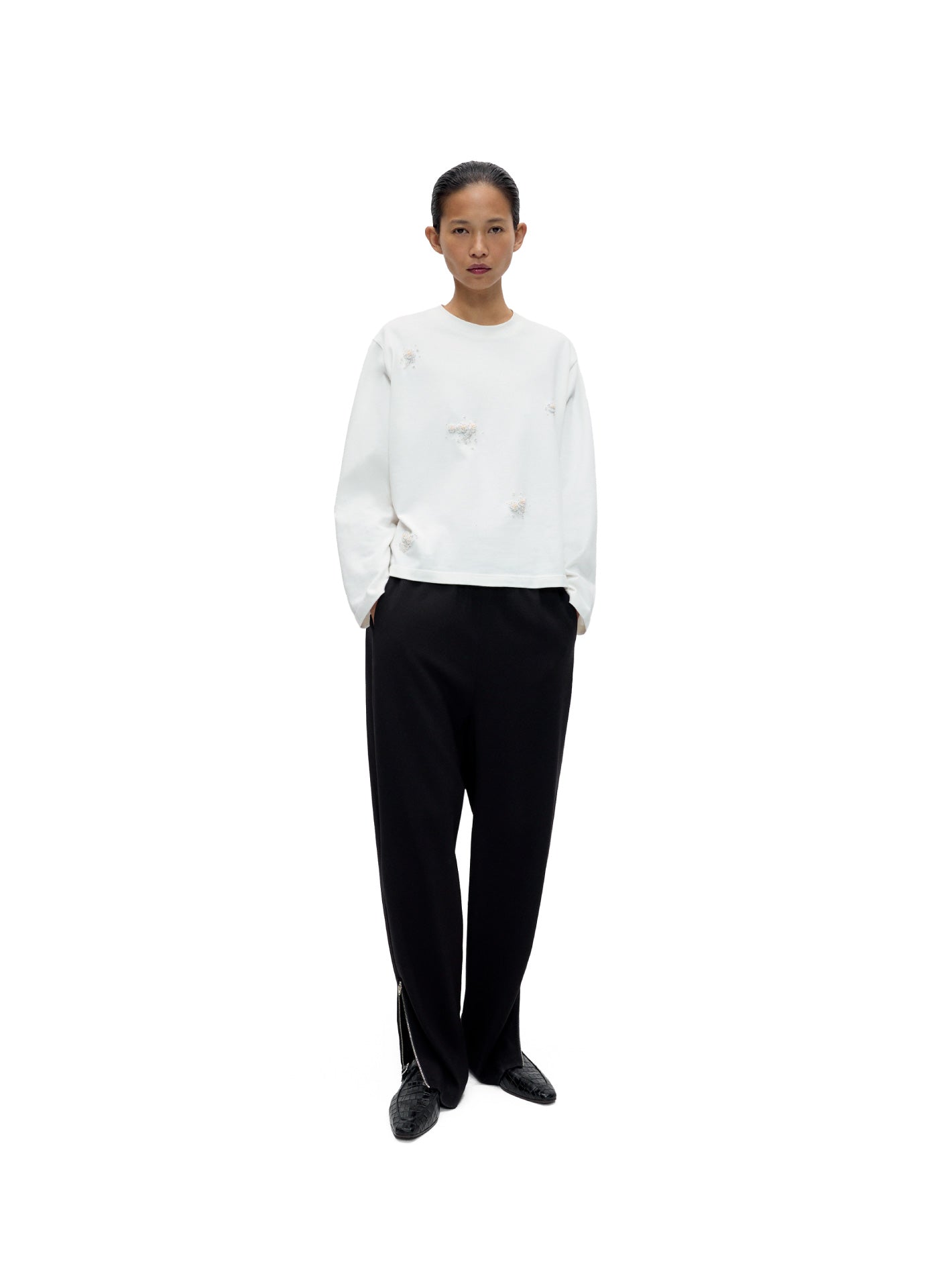 Embellished Long-Sleeve Tee White