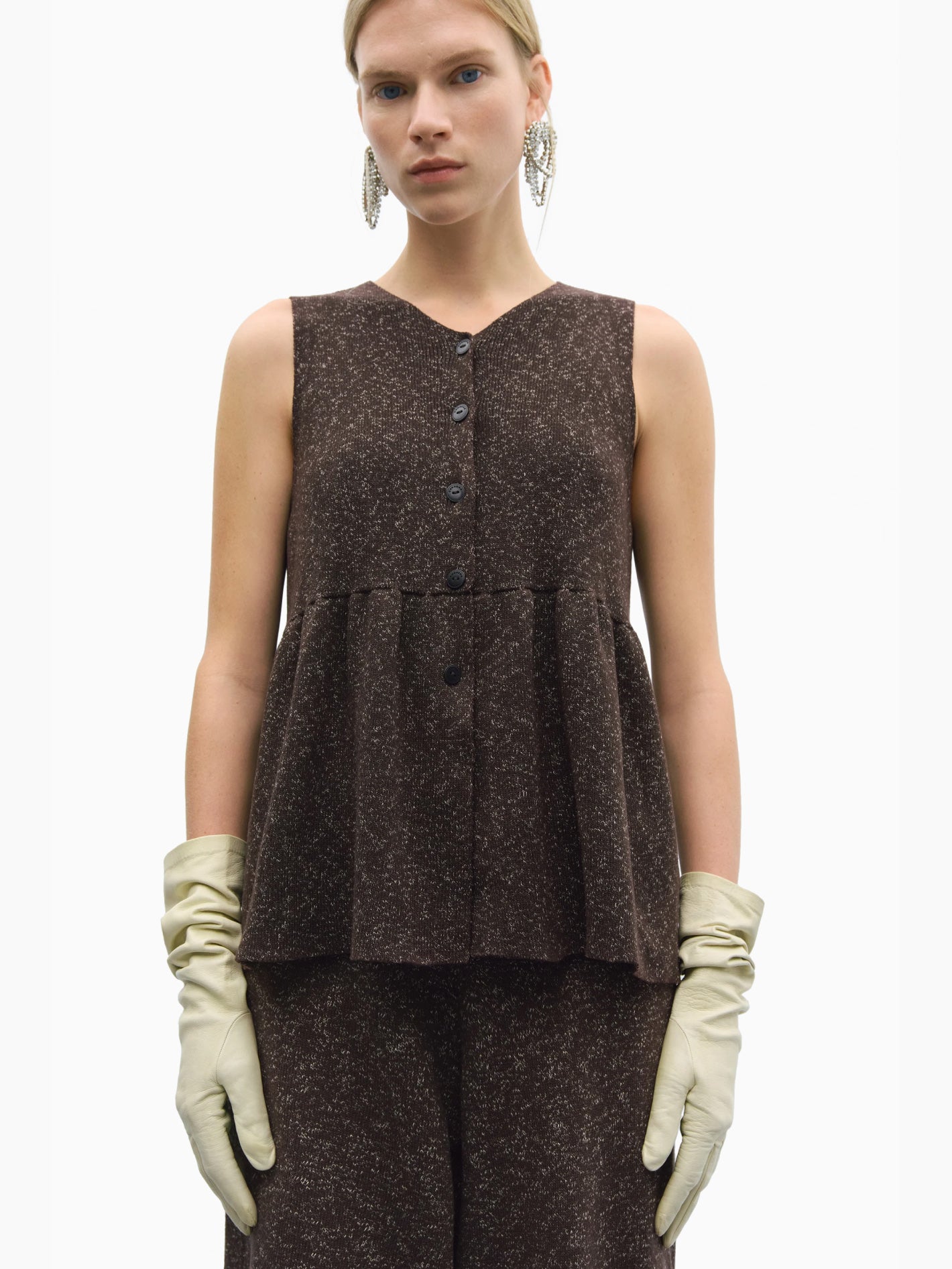Flecked Cotton Peplum Top Brown