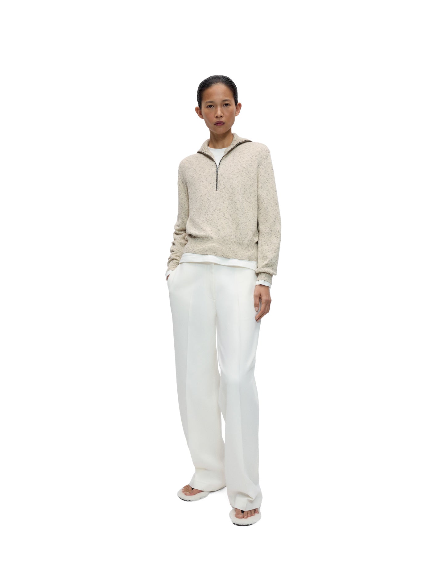 Flecked Cotton Zip-Up Sweater Natural