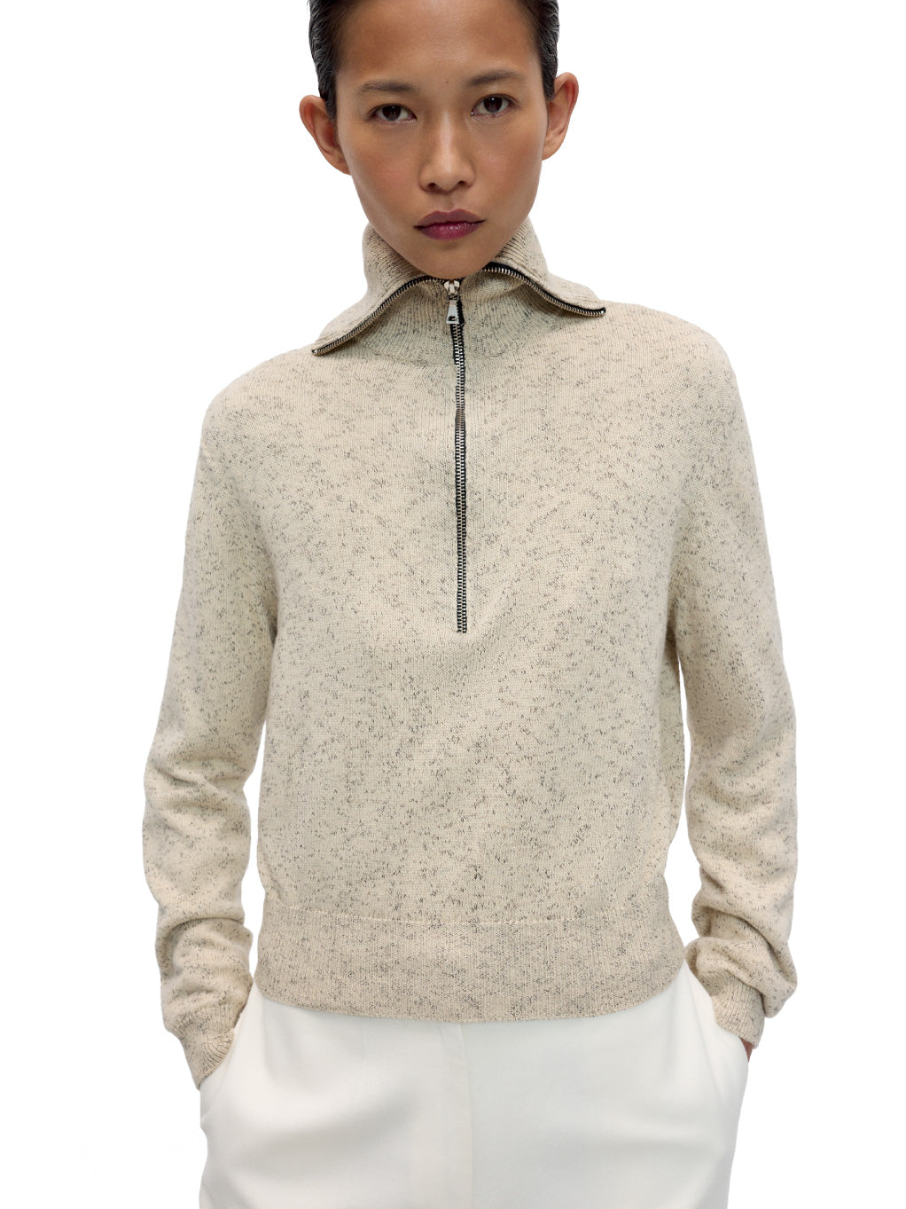 Flecked Cotton Zip-Up Sweater Natural