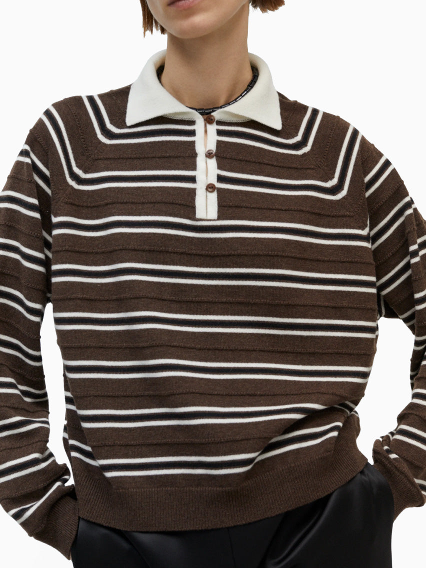 Merino Wool Striped Polo Brown