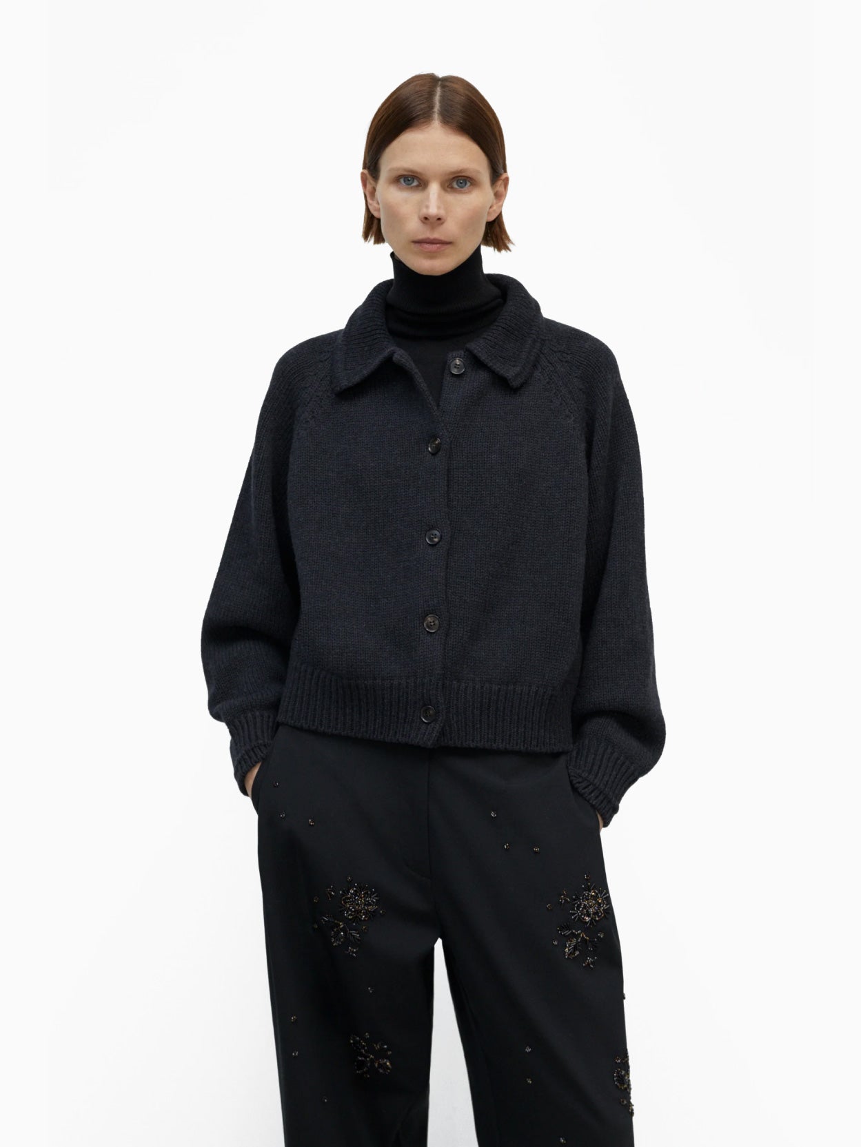 Merino Wool Collar Cardigan Anthracite
