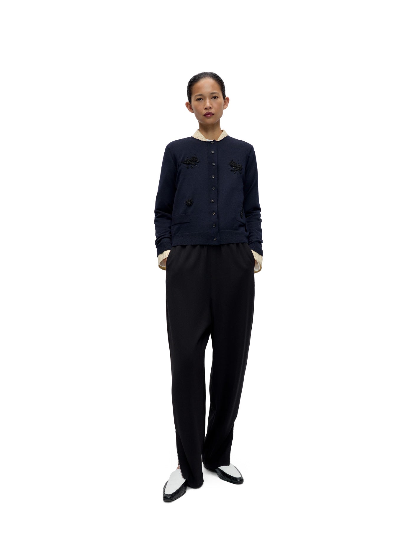 Merino Wool Embellished Cardigan Navy