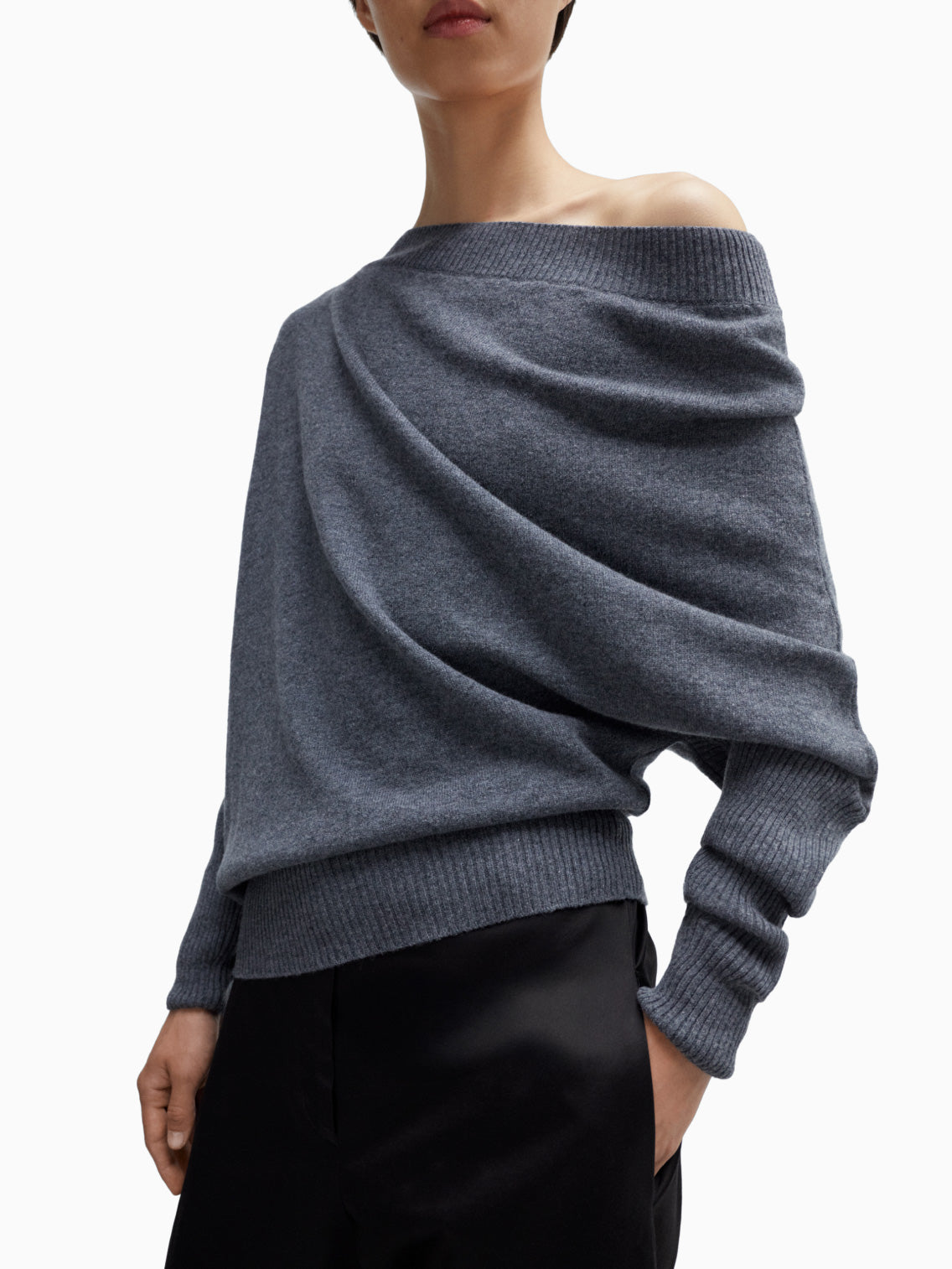 Merino Wool Off-Shoulder Sweater Grey