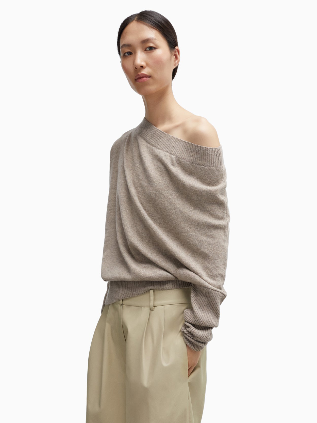 Merino Wool Off-Shoulder Sweater Taupe