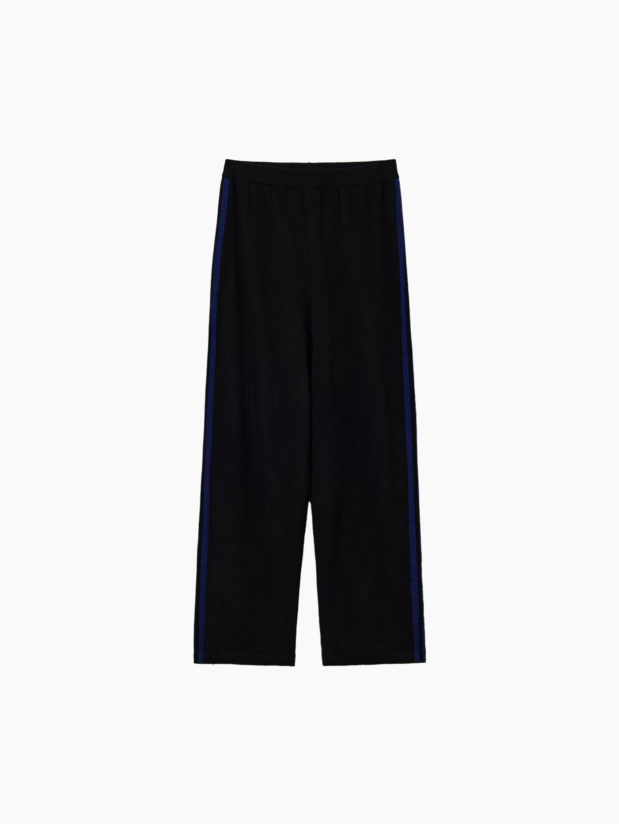 The Cordera Merino Wool Pants in black showcase a simple design with blue side stripes running down the length of each leg. Crafted from premium merino wool and featuring an elasticated waistband, these pants exhibit a relaxed sporty style. They are elegantly displayed on a flat white background.