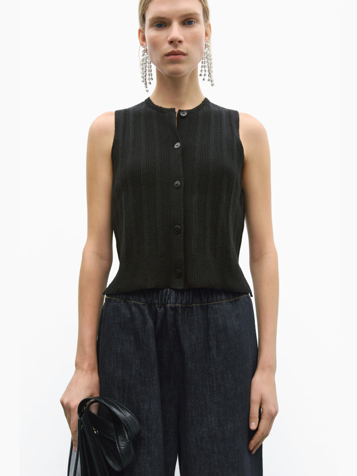 Merino Wool Ribbed Waistcoat Black