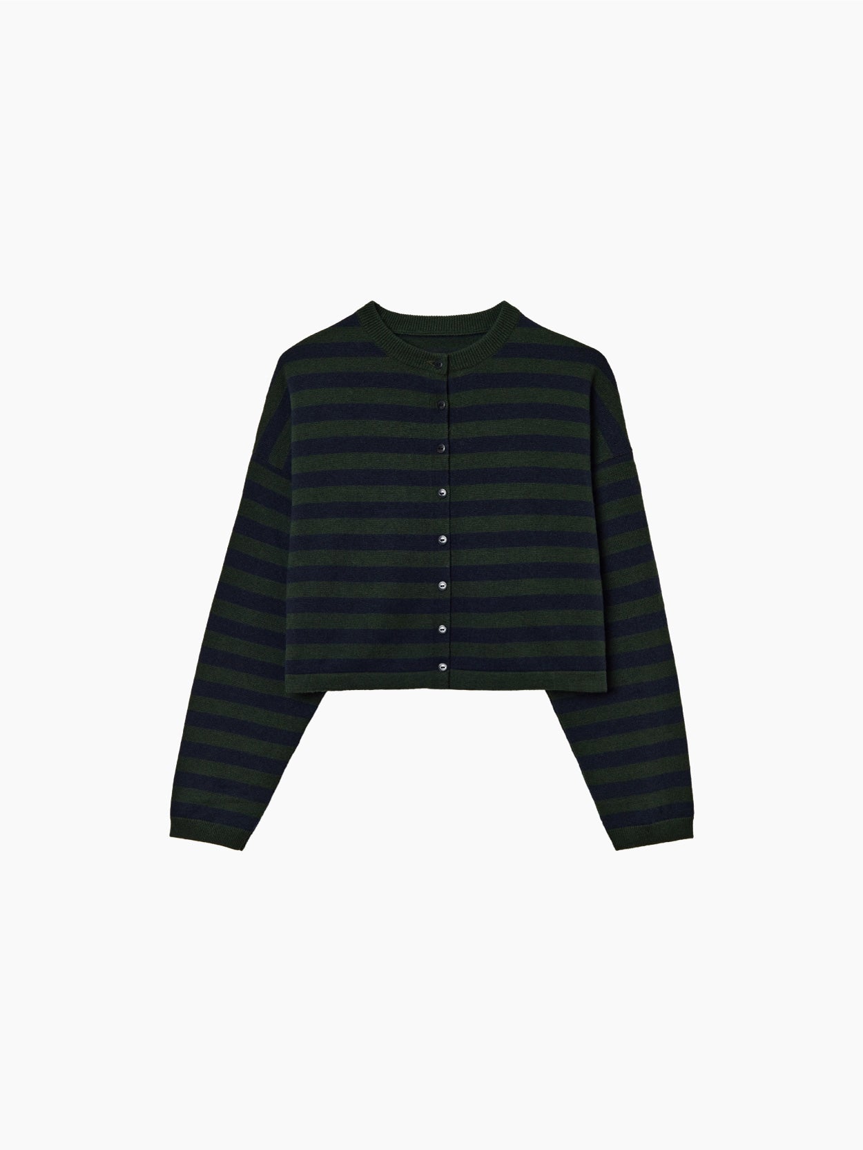 Introducing the Cordera Merino Wool Striped Cardigan, a dark green cropped cardigan with horizontal black stripes that deserves a prime spot in your wardrobe. Crafted from soft merino wool, it features a round neckline, long sleeves, and a front button-down closure with small dark buttons. The fabric appears to be comfortably loose-fitting.