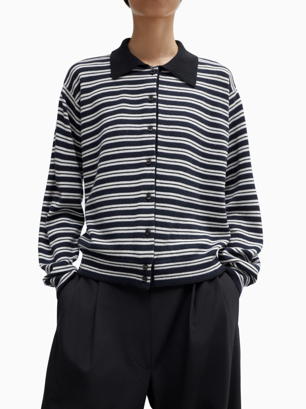 Merino Wool Striped Polo Cardigan