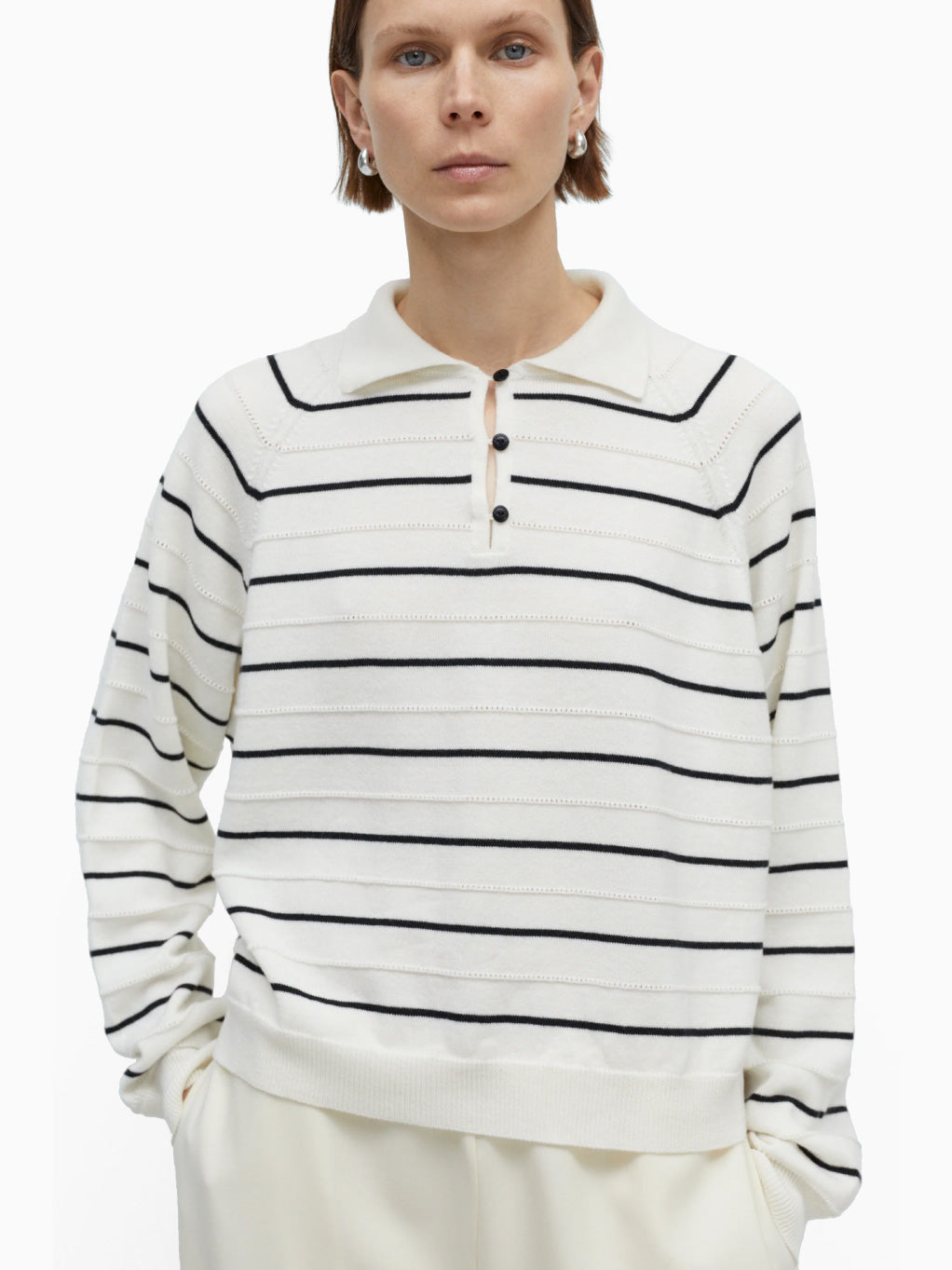 Merino Wool Striped Polo White