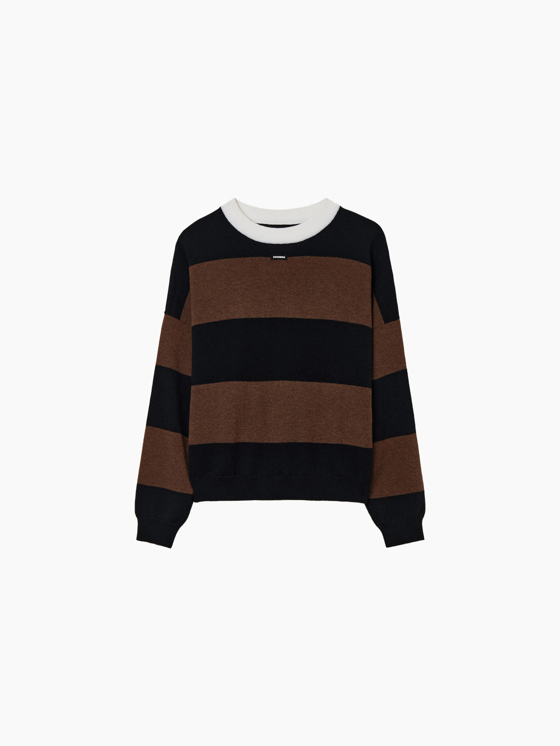 Introducing the Cordera Merino Wool Striped Sweater: a long-sleeve garment featuring broad, alternating black and brown horizontal stripes. Made from luxurious Merino wool, this sweater boasts a ribbed knit texture and a contrasting white crew neckline. Its simple and casual design makes it perfect for everyday wear.