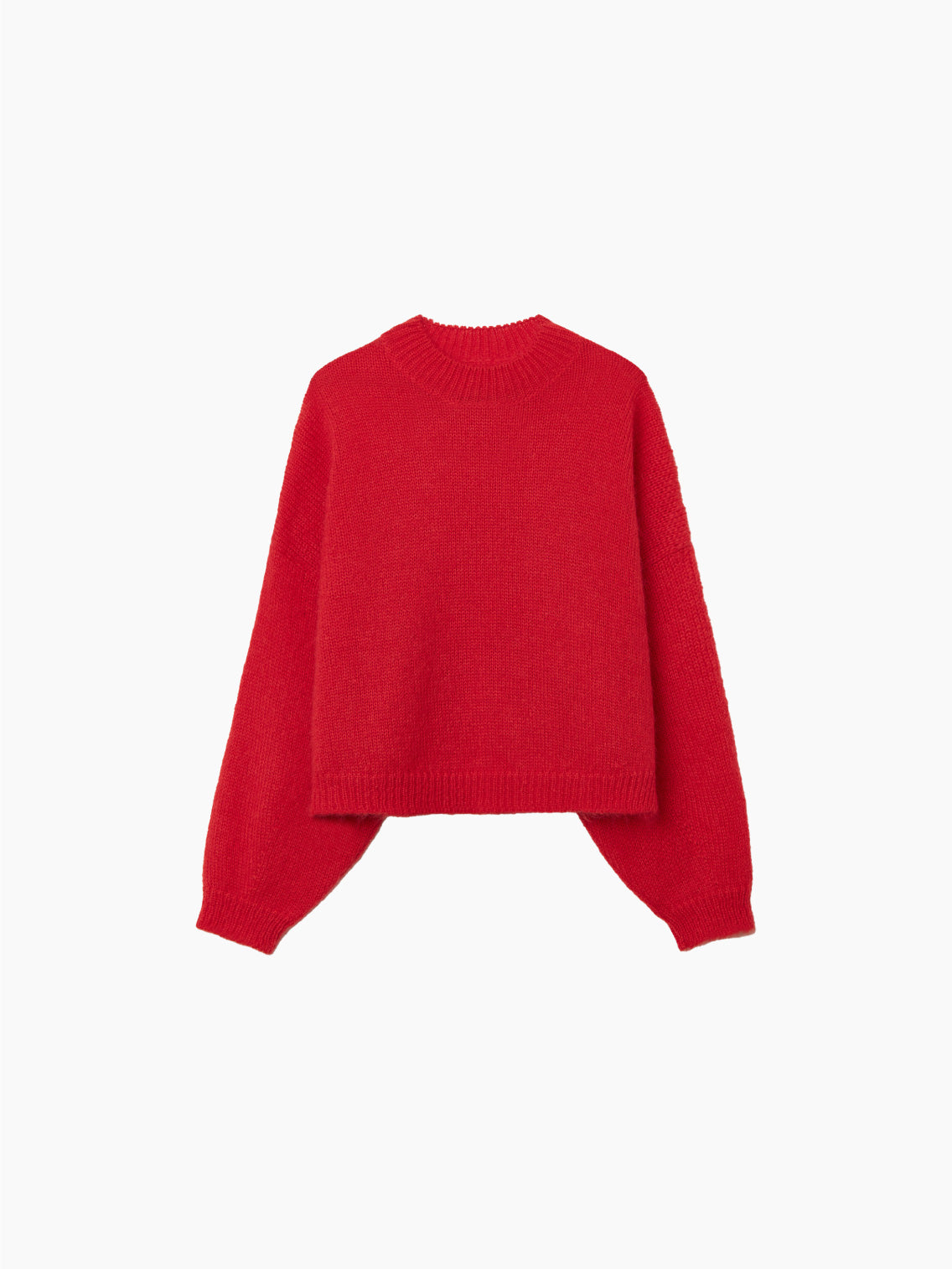 A vibrant red Mohair Sweater from Cordera, featuring long sleeves and a round neckline. This transitional knitwear showcases a ribbed collar, cuffs, and hem with a slightly loose and boxy fit. The fabric appears soft and cozy, crafted from mohair merino wool, making it perfect for cooler weather.