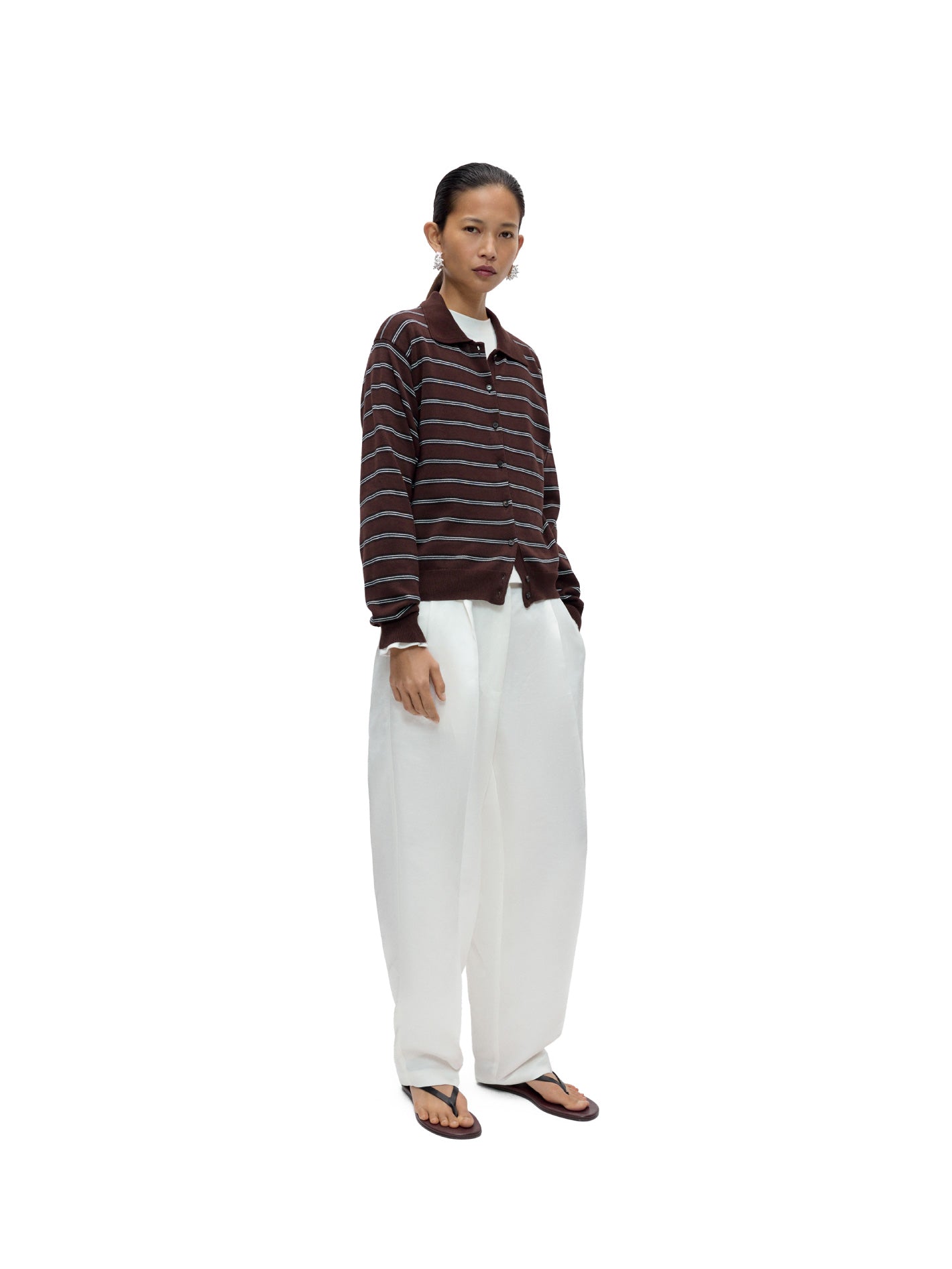 Organic Cotton Striped Polo Cardigan Brown