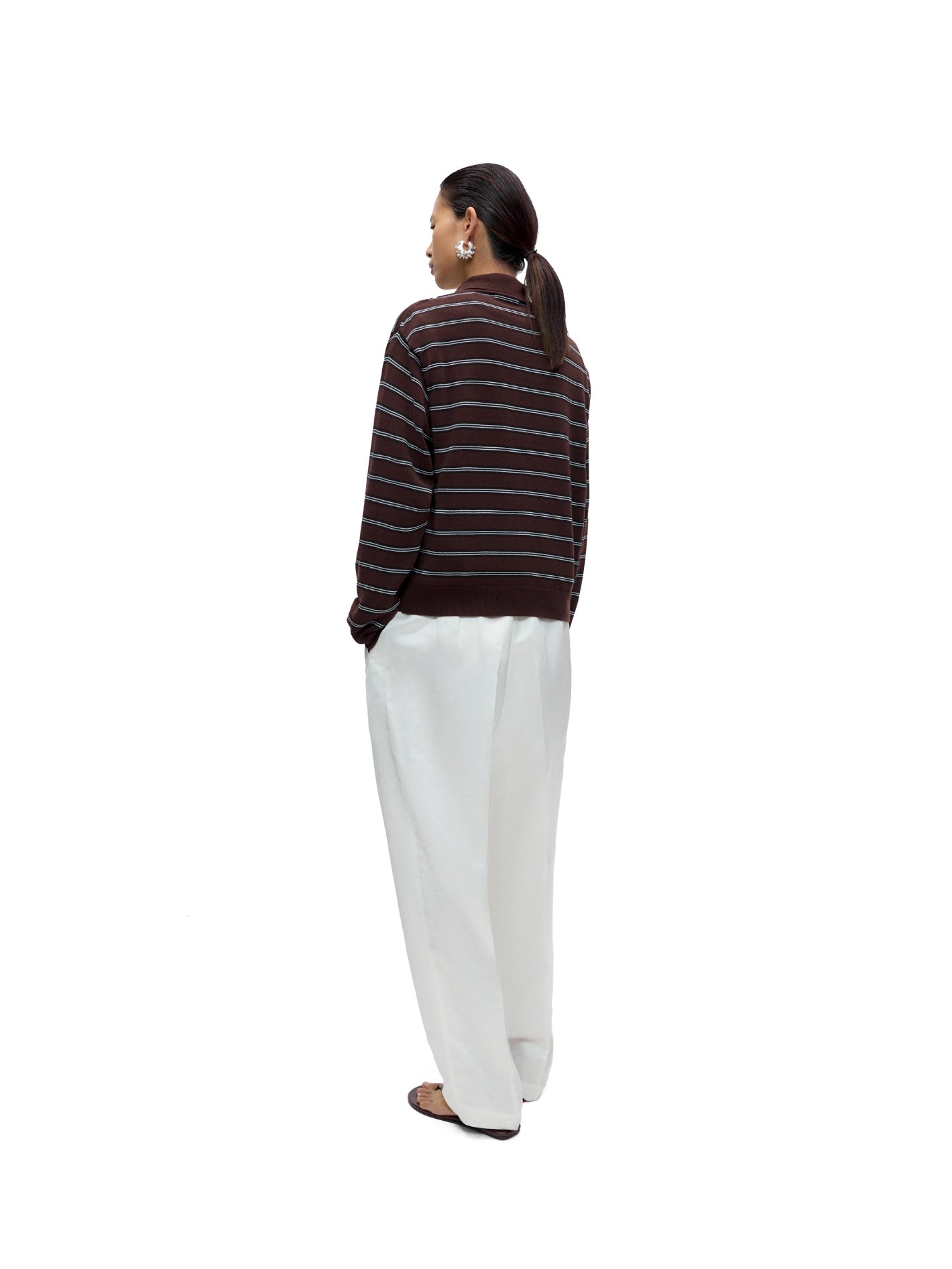 Organic Cotton Striped Polo Cardigan Brown