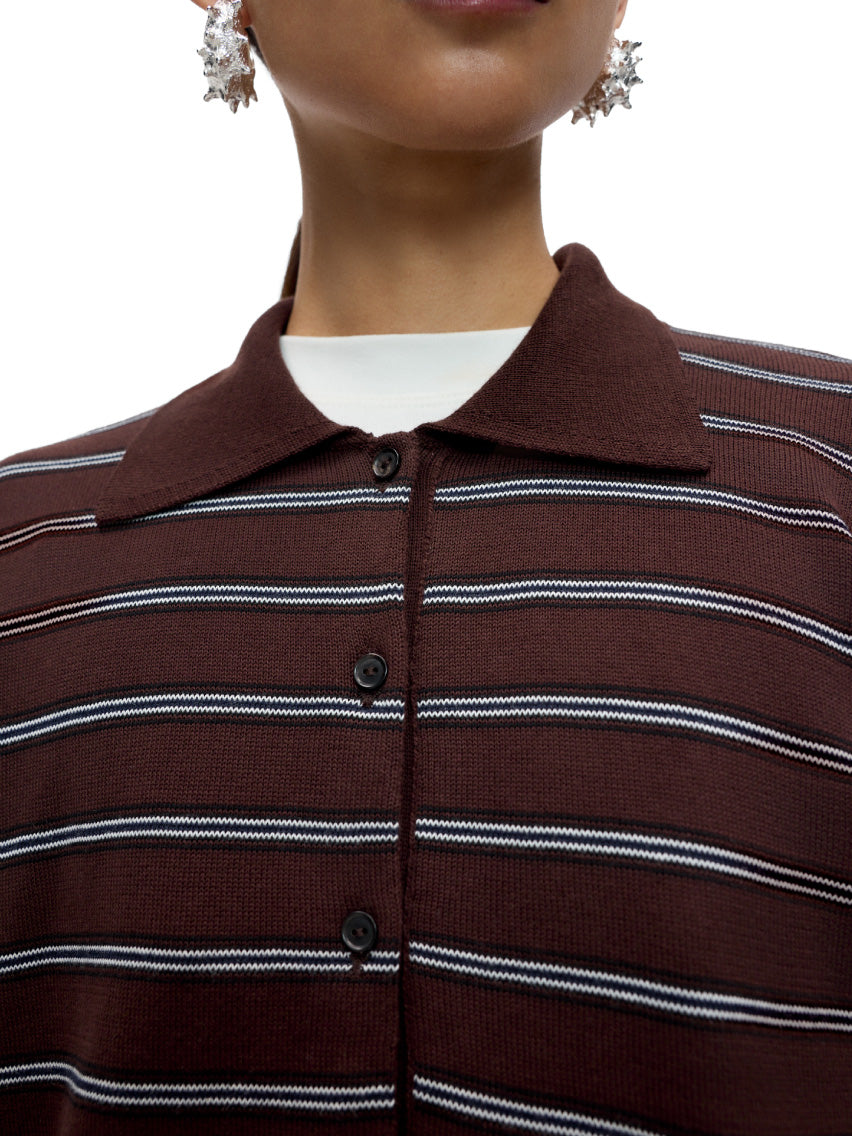Organic Cotton Striped Polo Cardigan Brown