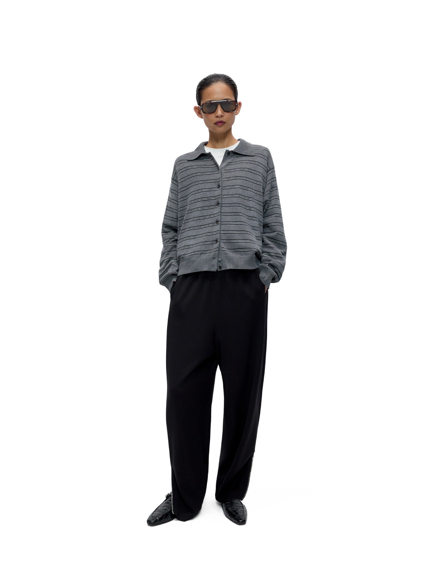 Organic Cotton Striped Polo Cardigan Grey