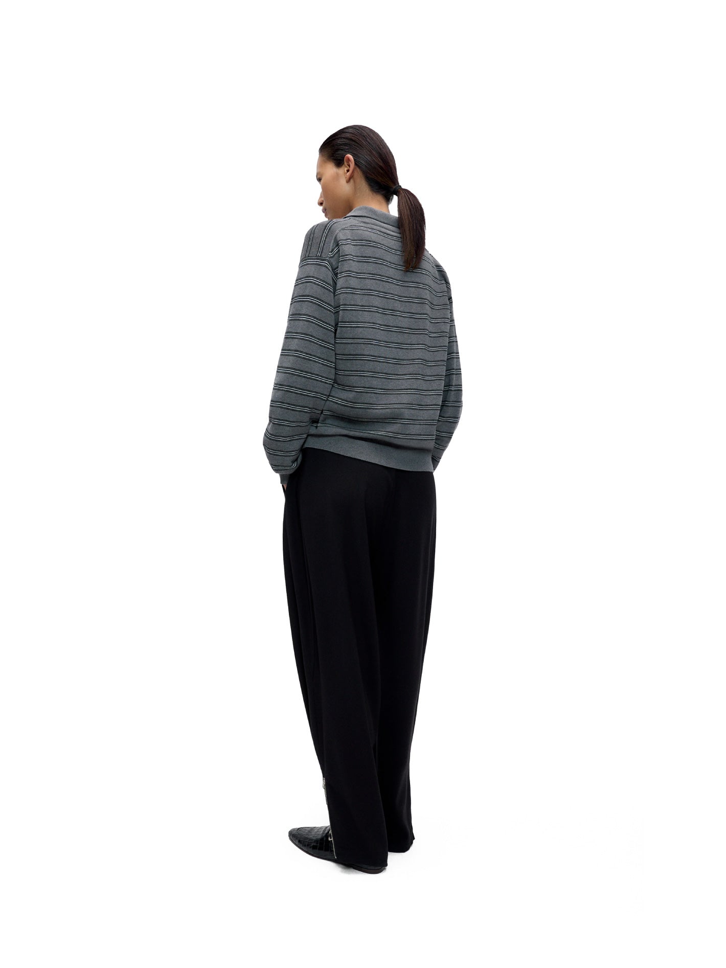 Organic Cotton Striped Polo Cardigan Grey