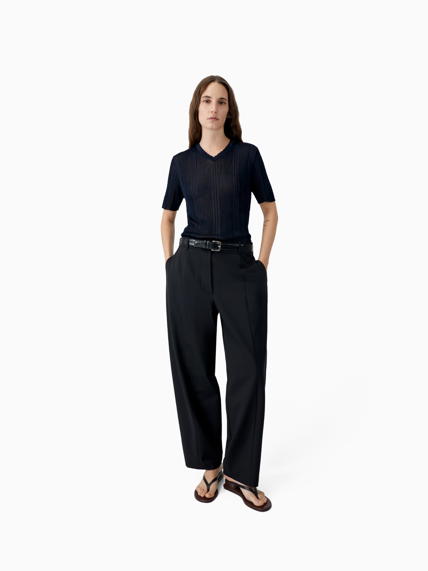 Ribbed Knit T-Shirt Navy