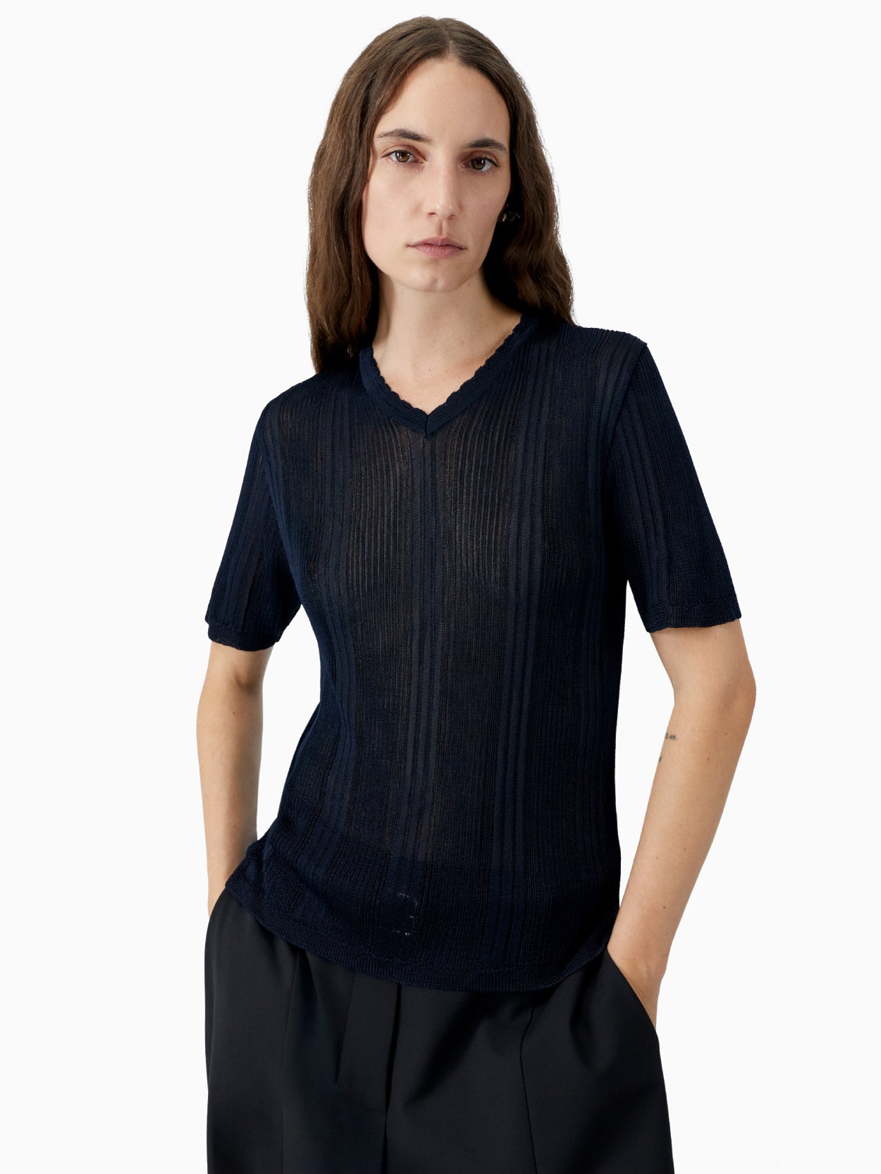 Ribbed Knit T-Shirt Navy