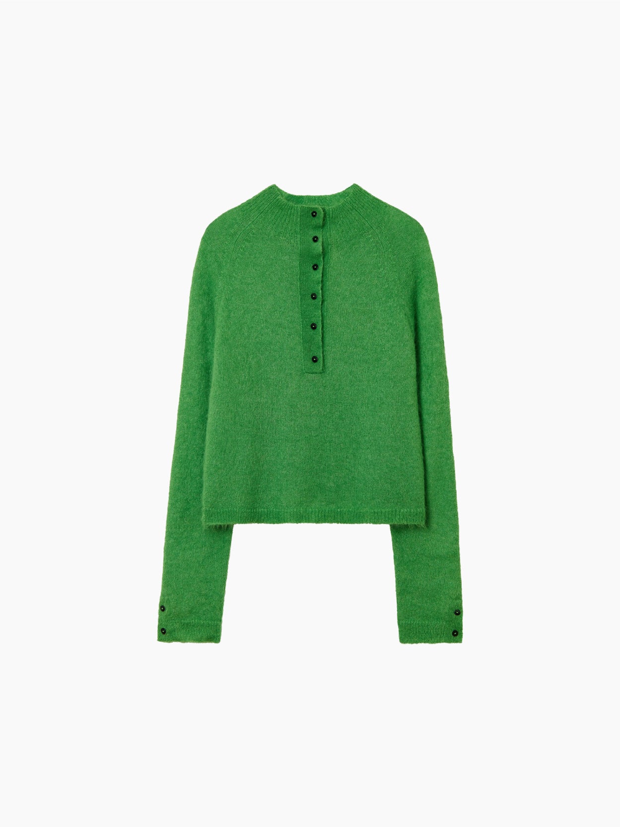 The Suri Polo Sweater by Cordera in bright green features long sleeves, a crew neck, and button detailing down the front and on the cuffs. This slightly cropped sweater has a soft, fluffy texture set against a plain white background.