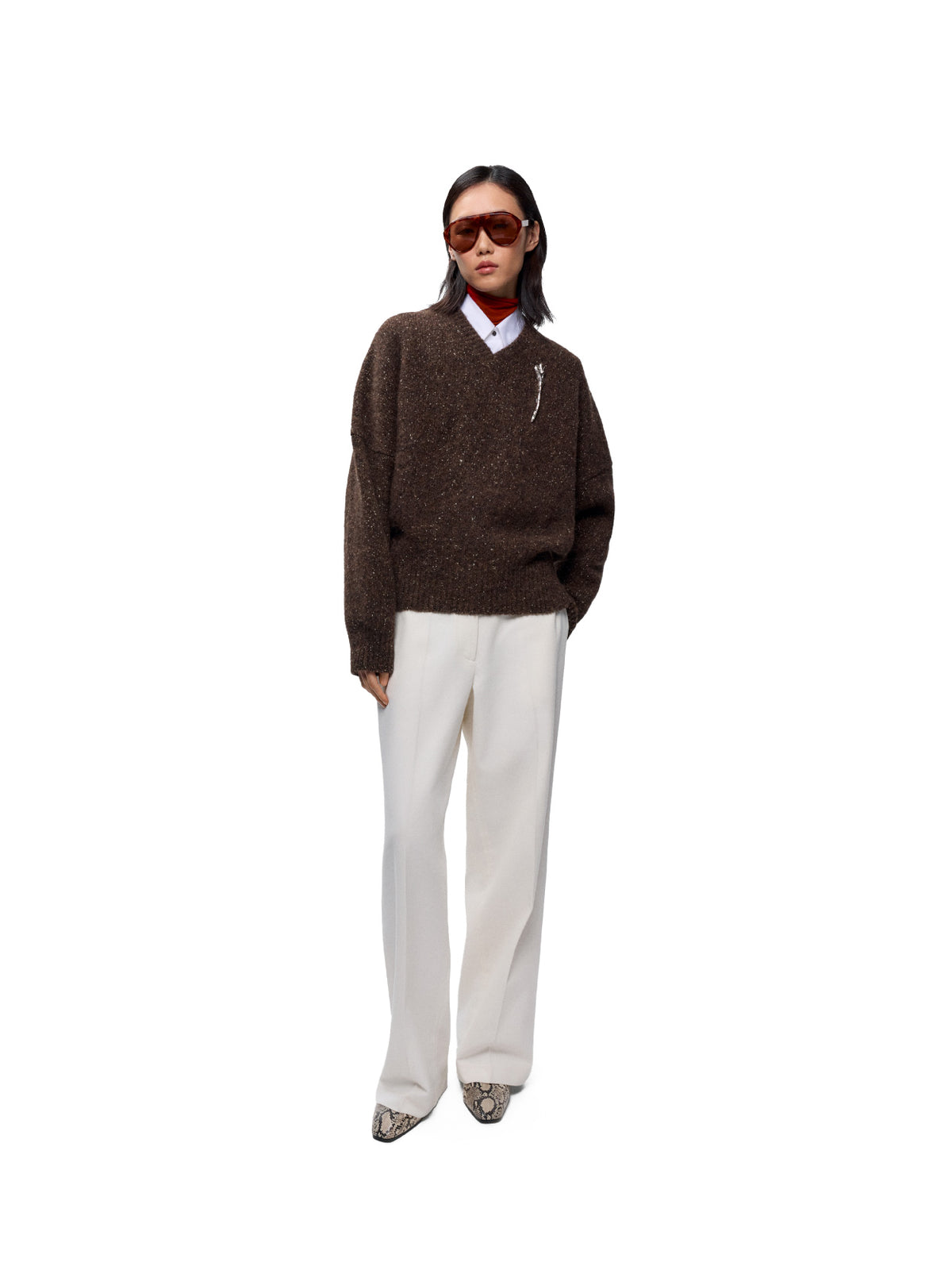 Speckled V-Neck Sweater Chocolate