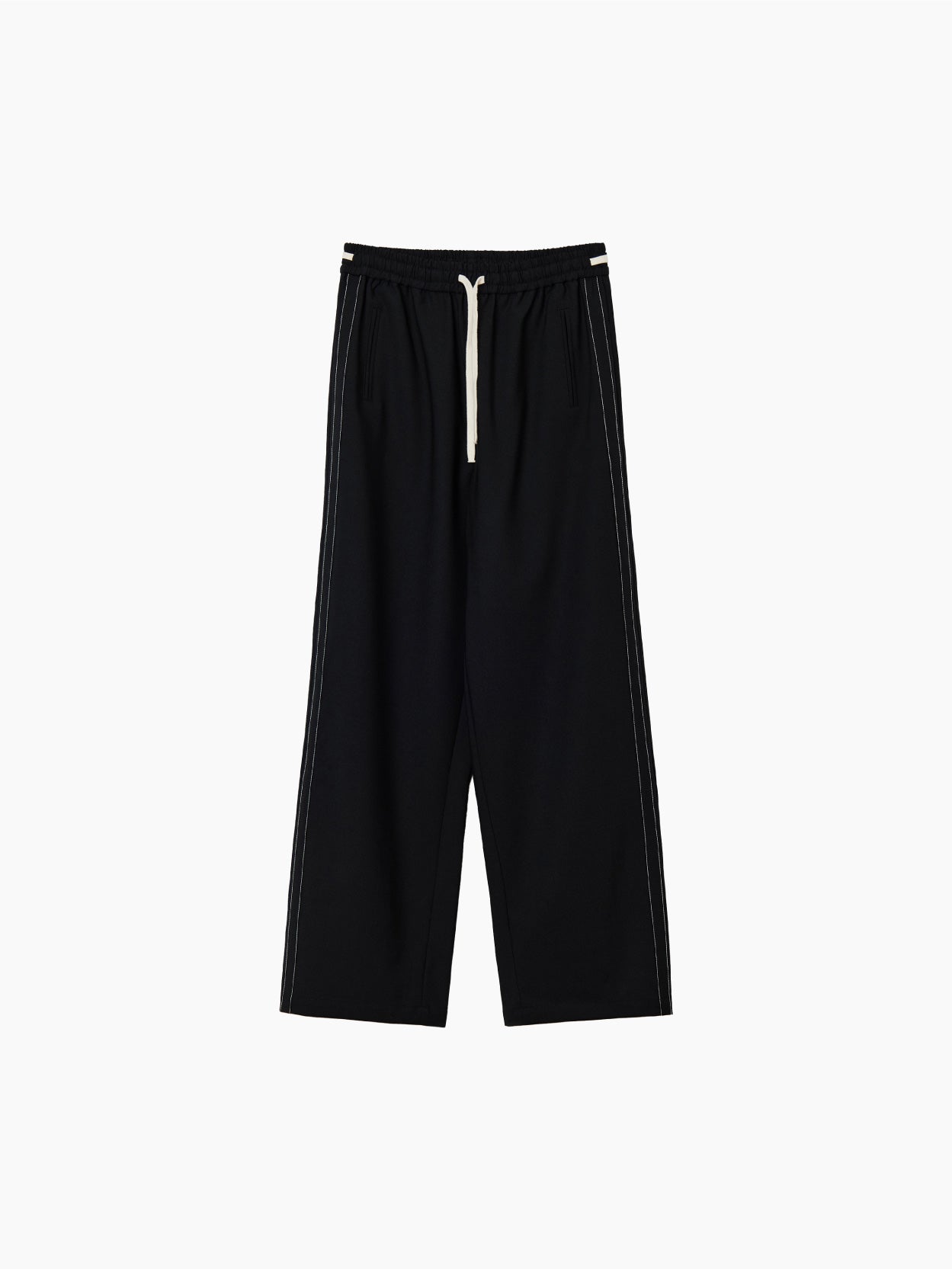 Cordera's Tailoring Drawstring Pants in Black feature an elasticated waistband with a white drawstring. These wide-leg pants have subtle white stitching along the sides and provide a relaxed fit. Their contemporary design is highlighted as they are laid flat against a white background.