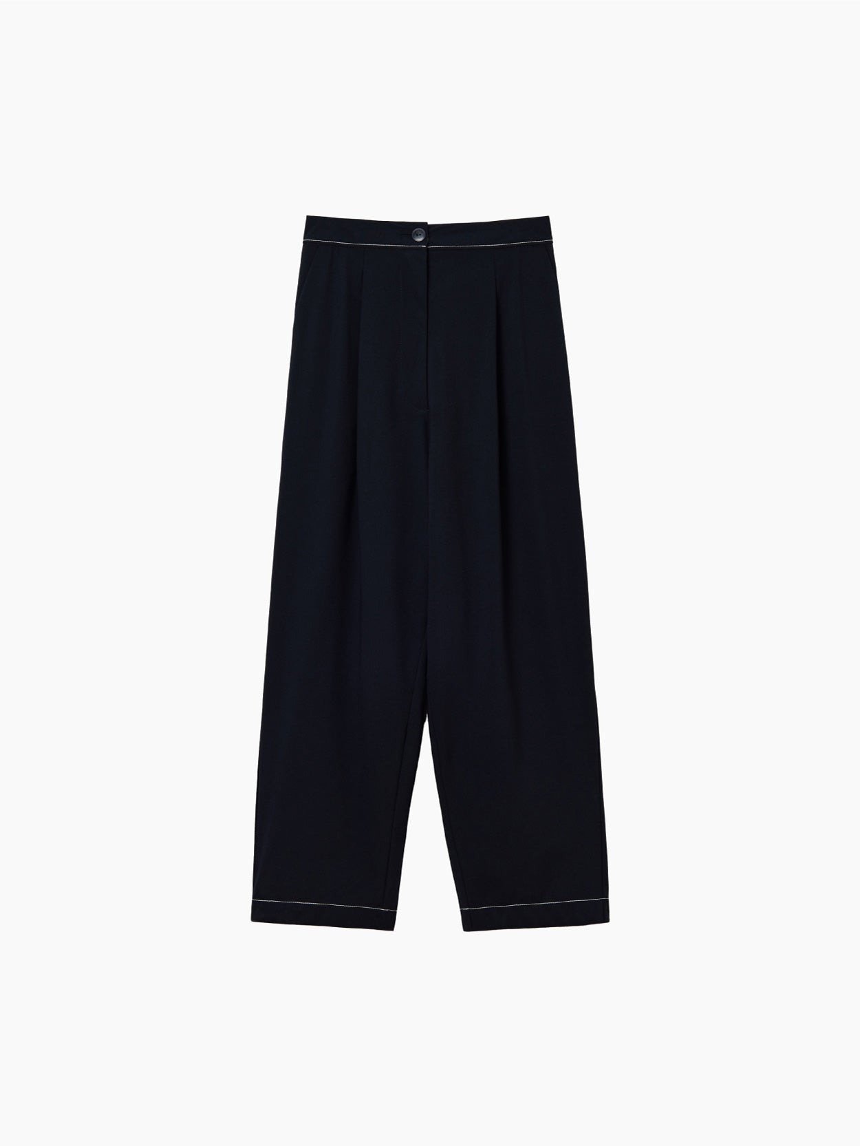 A pair of Tailoring Stitch Pants Navy by Cordera with a high waist and a button on the waistband. Featuring subtle pleats down the front and a slightly cropped length, these navy pants are a contemporary design that make for a perfect wardrobe staple.