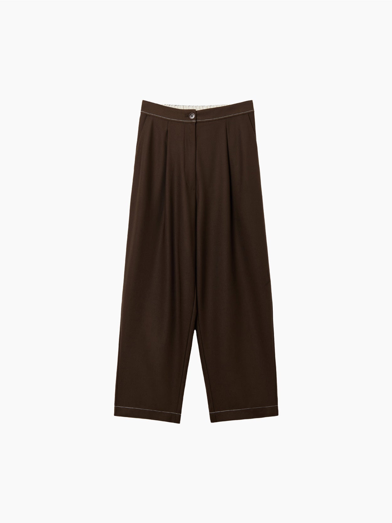 The Tailoring Stitch Pants Otter by Cordera are a pair of dark brown wide-leg pants featuring pleats at the waistband and a button-zipper closure. Crafted from tailored fabric, these cropped ankle pants are wardrobe staples with their smooth texture and contemporary design.